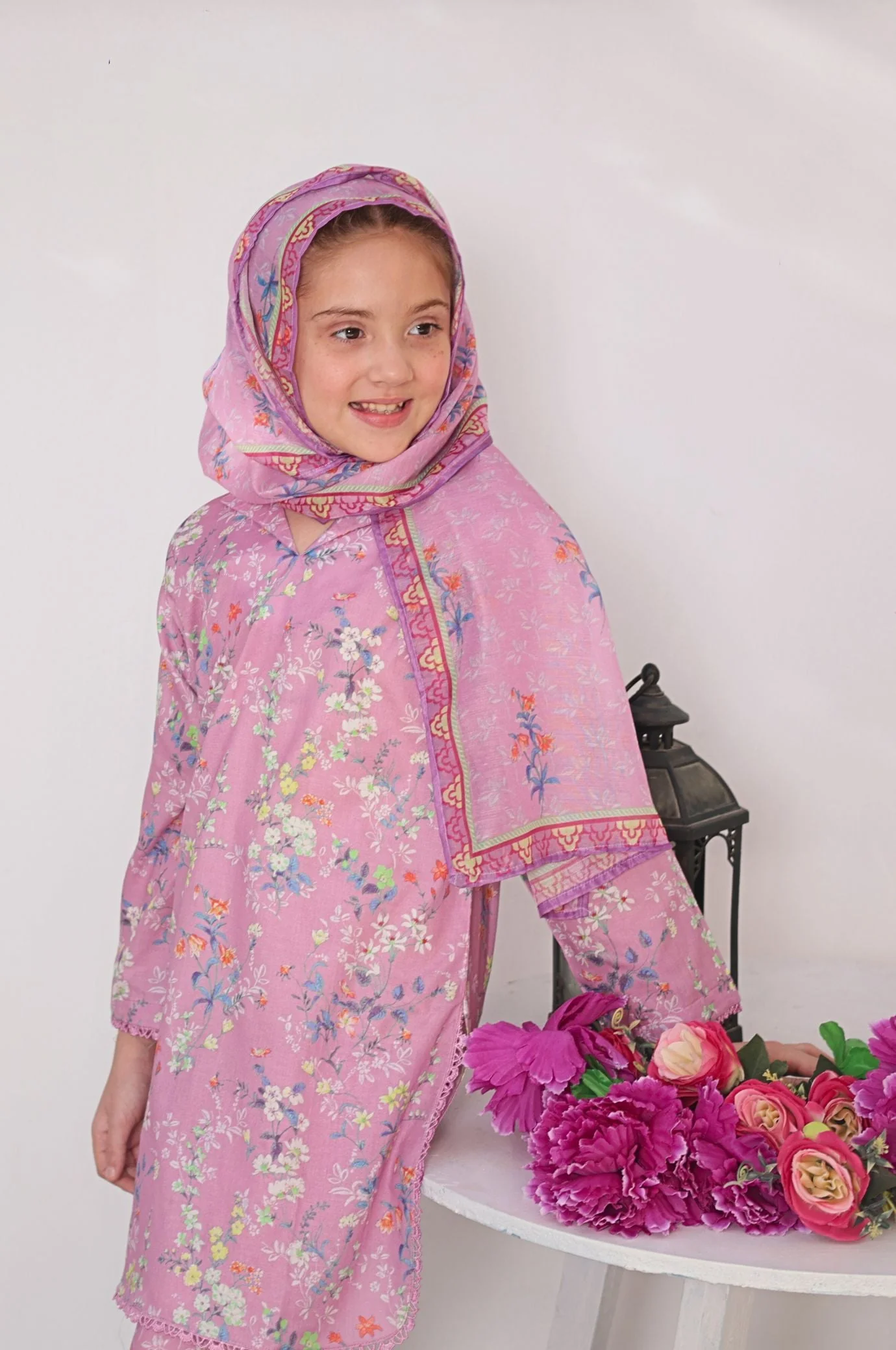 Suntex Stitched 3 Piece Lawn Kids Suit- Blush Pink SHIRT - PRINTED - Image 2