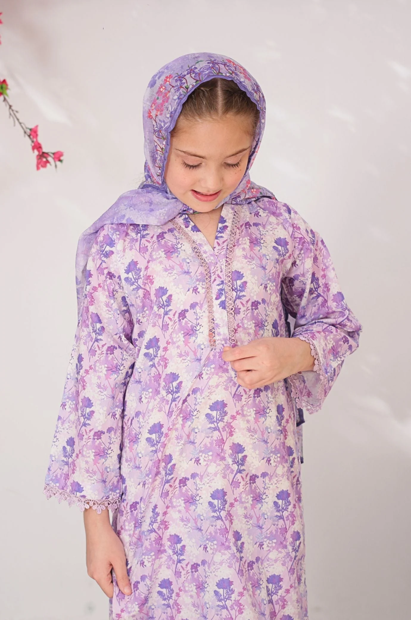 Suntex Stitched 3 Piece Lawn Kids Suit- Lavender - SHIRT - PRINTED - Image 2
