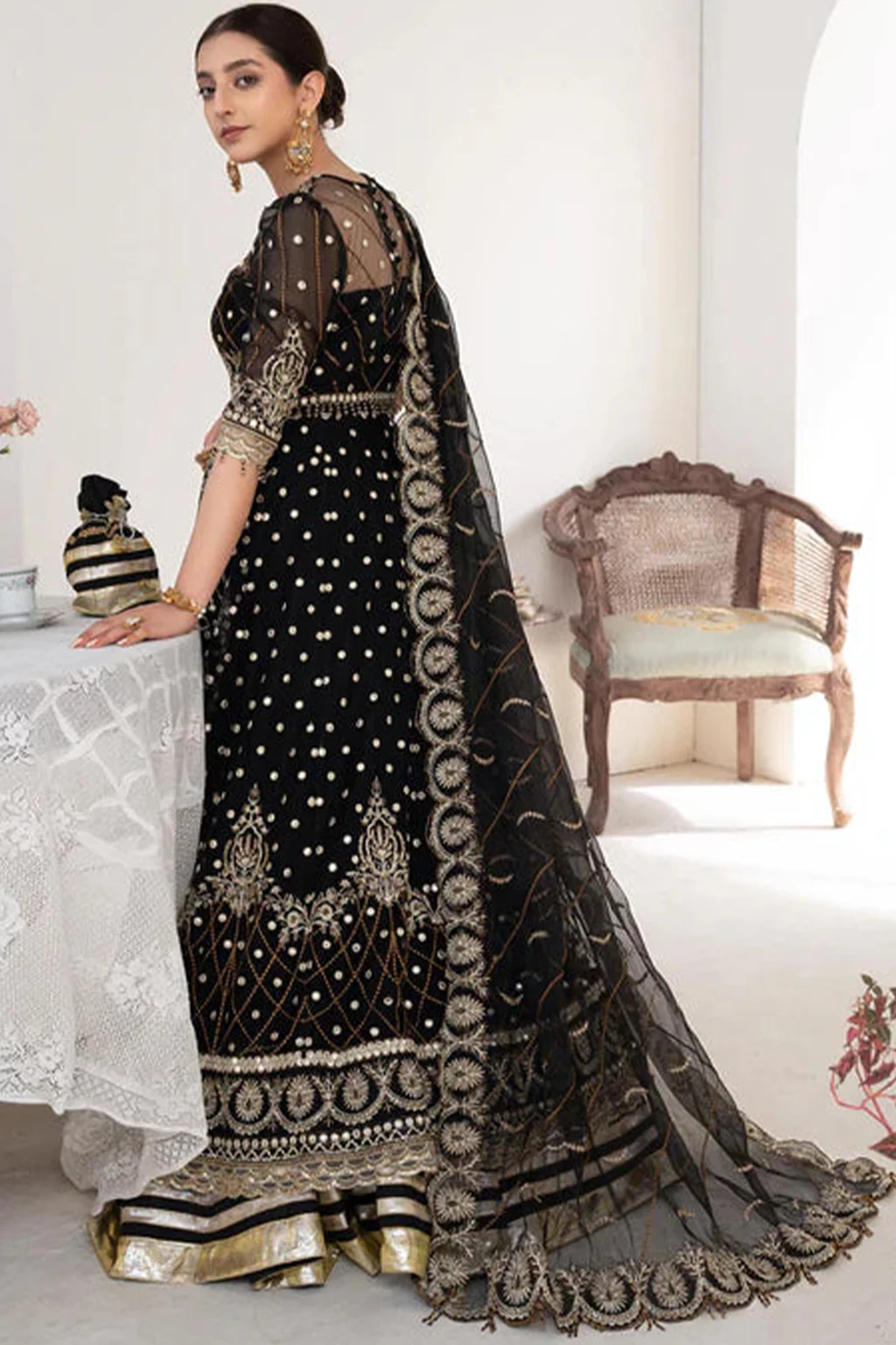 Meeral Luxe Unstitched 3 Piece Formals Suit-149 Black Midnight - Meeral Luxe - Image 4