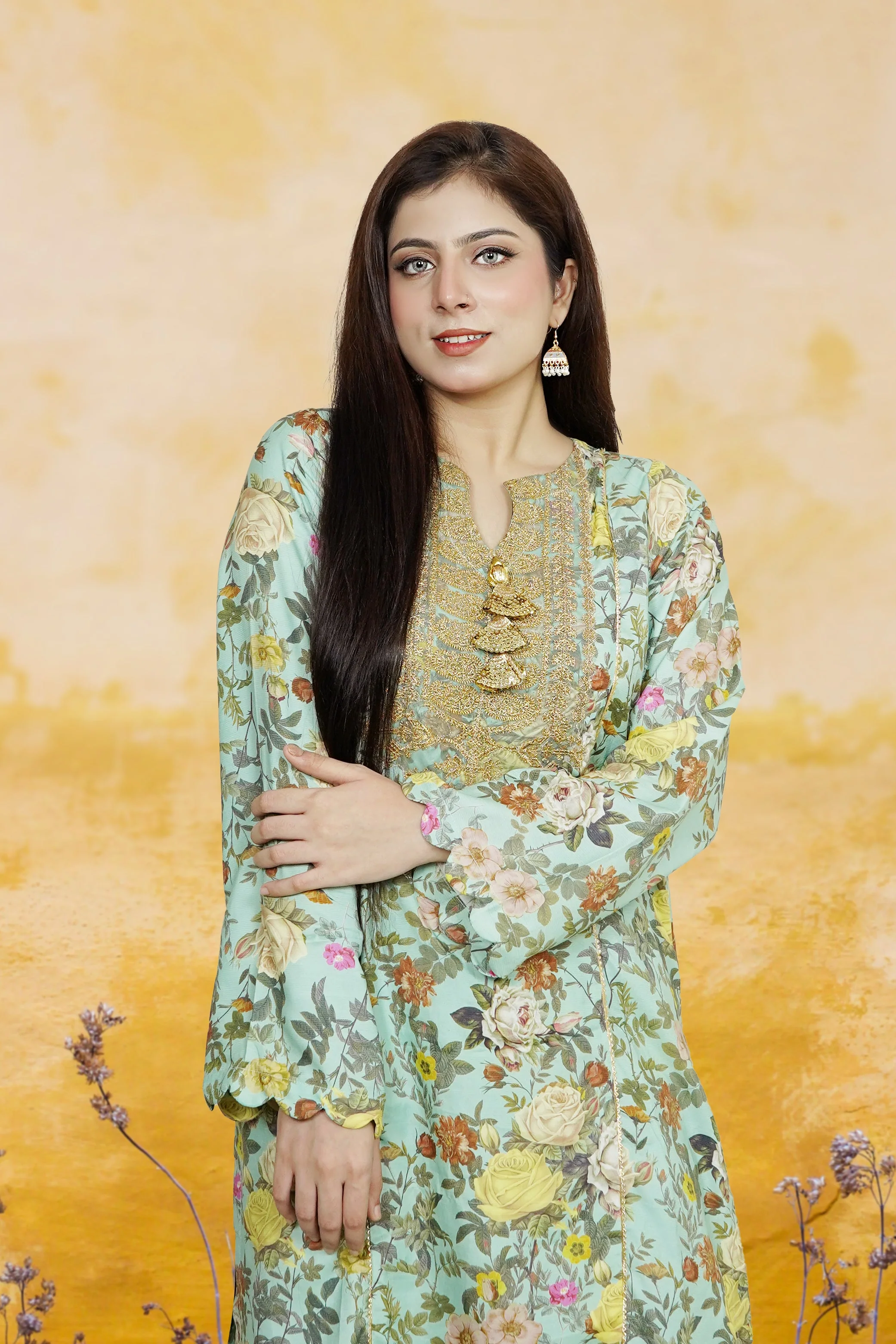 Urban Cut 2 Piece Embroidred Cotton/Viscose  Printed  Suit - Image 2
