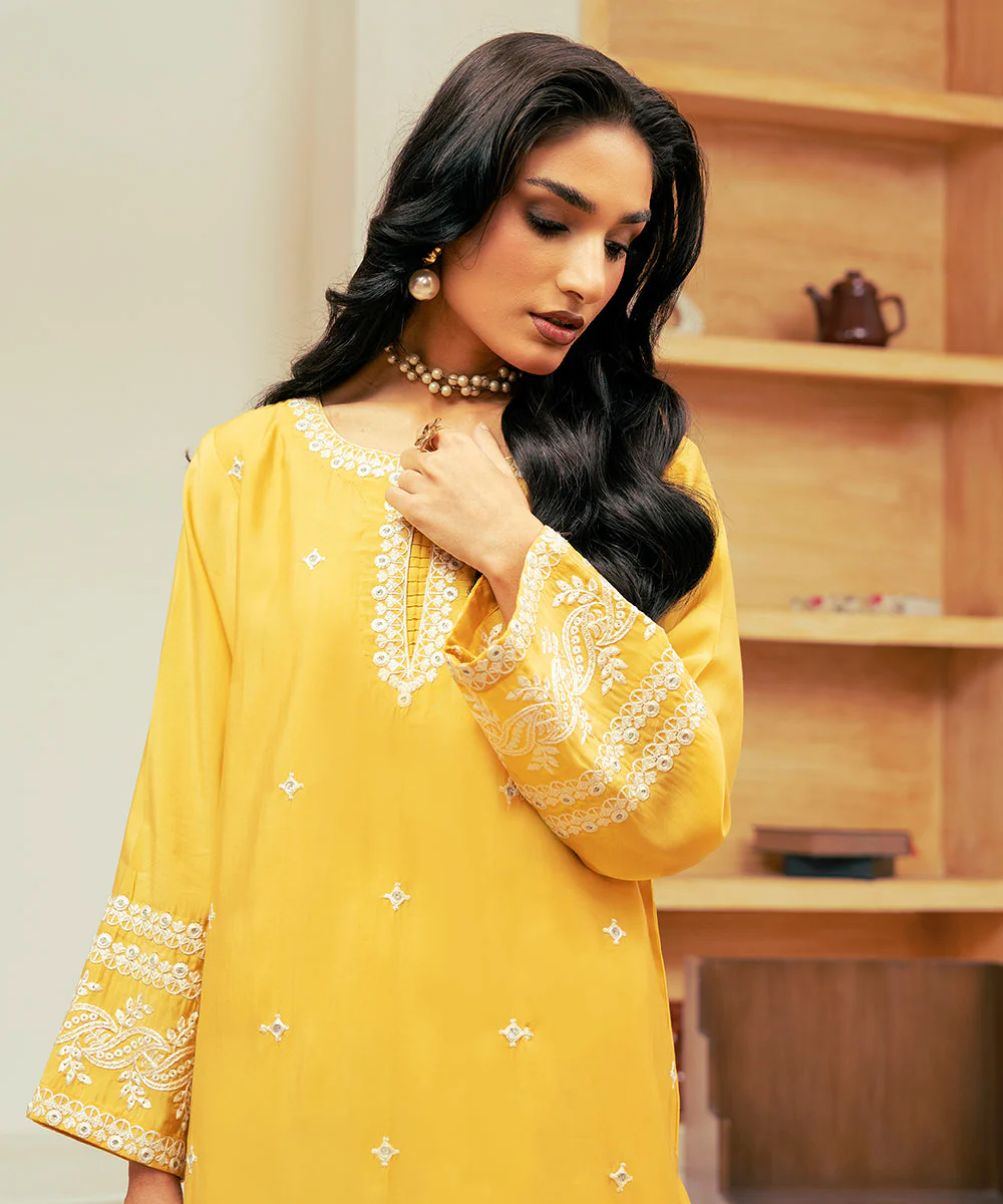 Vasl Pre Winter By Kross Kulture Stitched 2PC - Embroidered Cotton Silk Suit Suit-0001730-SML-YEL - Image 3