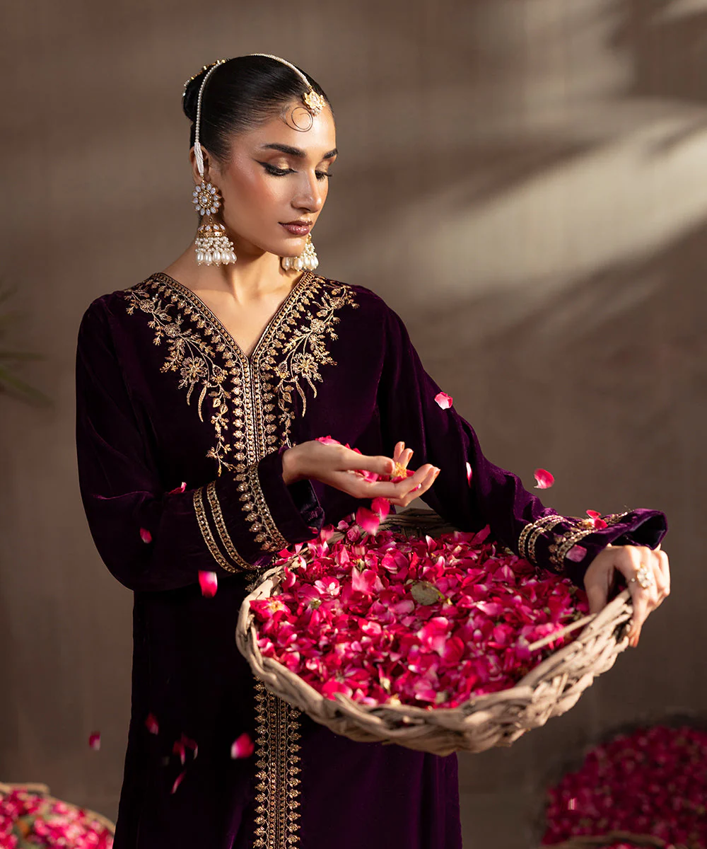Velvet Saga By Kross Kulture Stitched 2PC - Embroidered Velvet Suit Suit-0001812-SML-BEY - Image 6