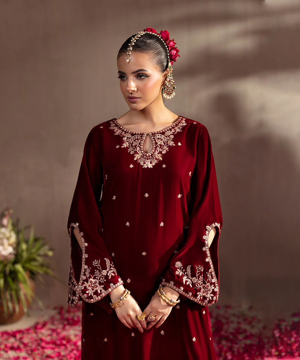 Velvet Saga By Kross Kulture Stitched 2PC - Embroidered Velvet Suit Suit-0001814-SML-MAR - Image 3