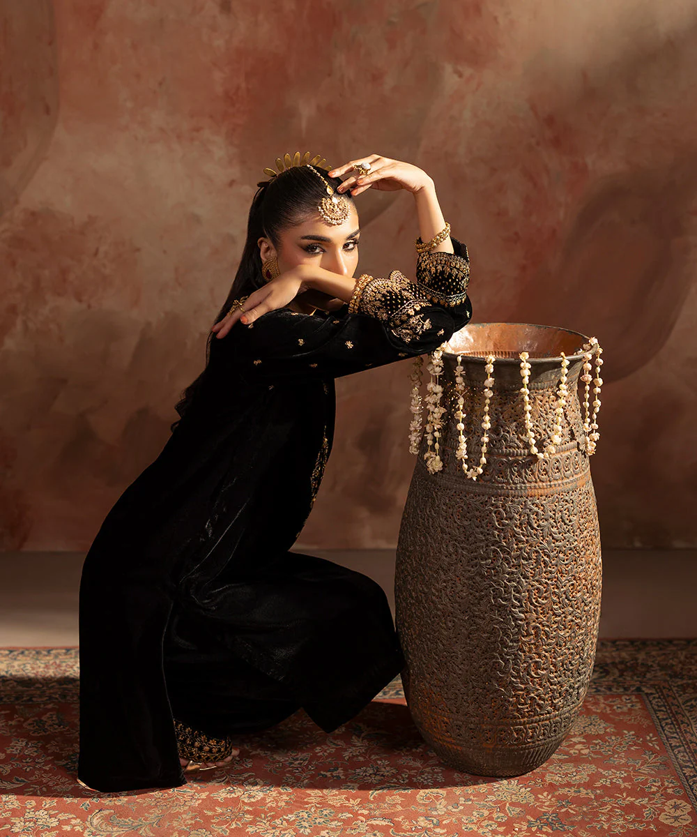 Velvet Saga By Kross Kulture Stitched 2PC - Embroidered Velvet Suit Suit-0001811-SML-BLK - Image 7