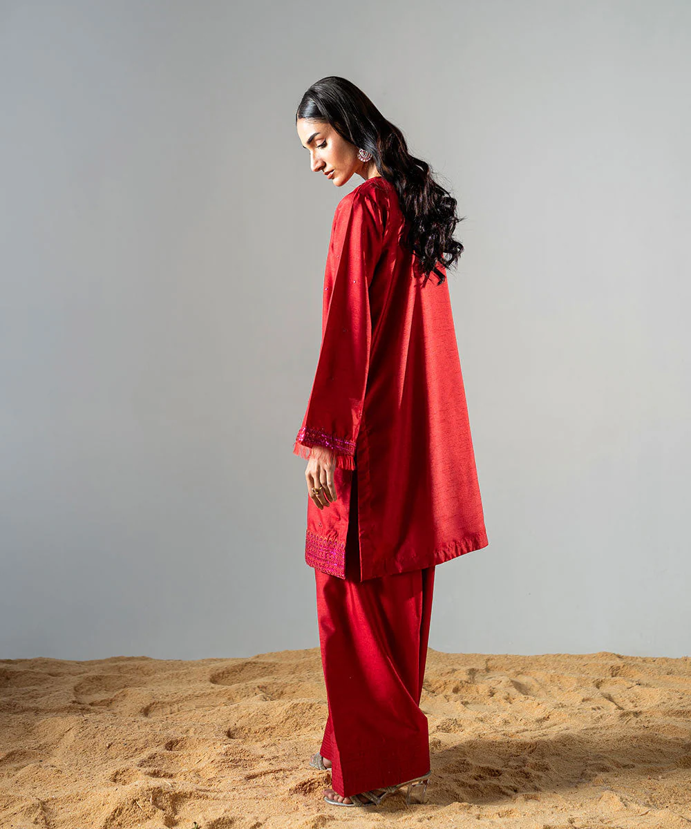 Zarqash By Kross Kulture Stitched 2PC - Raw Silk Suit Suit-0001861-XSM-RED - Image 4