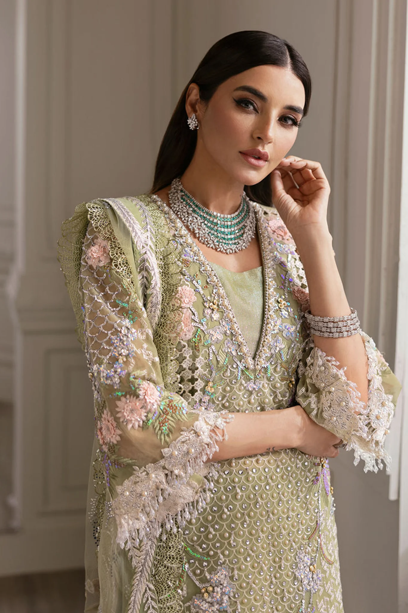 A Beautiful Chaos Saira Shakira Unstitched 3 Piece Wedding Suit-03-Sparkle Cascade - Image 2