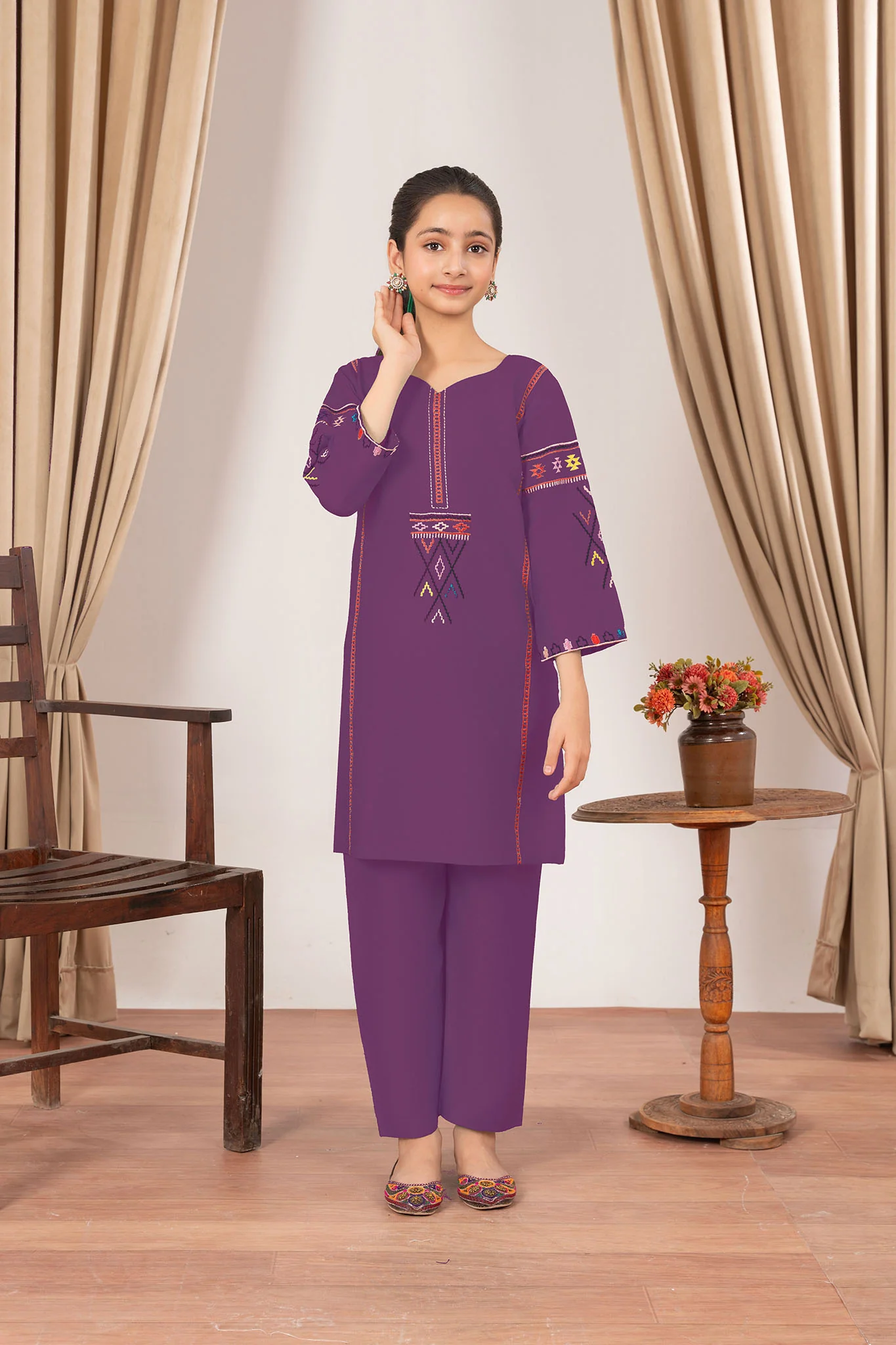 Abeera Stitched 2 Piece Emb Cotton Kids Suit-AK-02-Purple