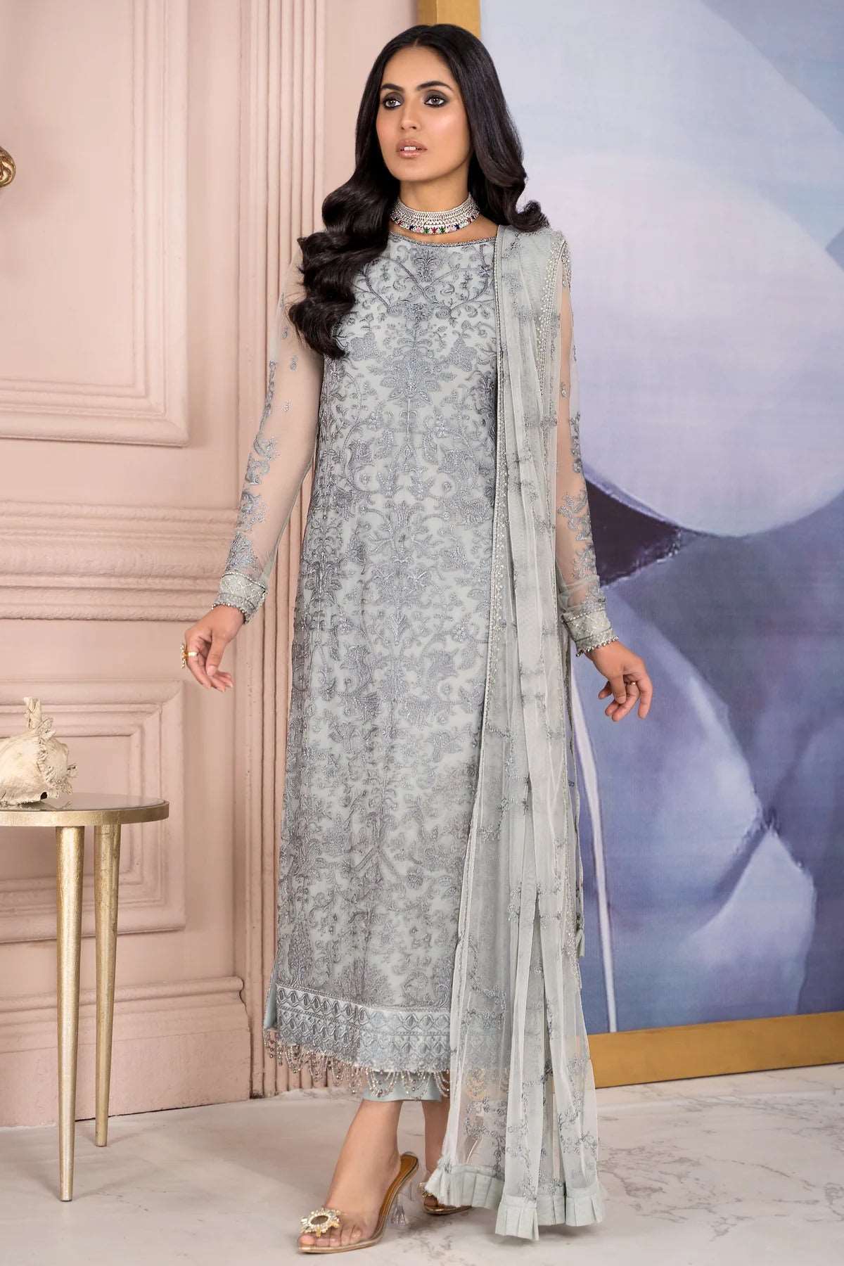 Afreen by Zarif Unstitched 3 Piece Festive Formal Suit-ZA-02-Steel Grey