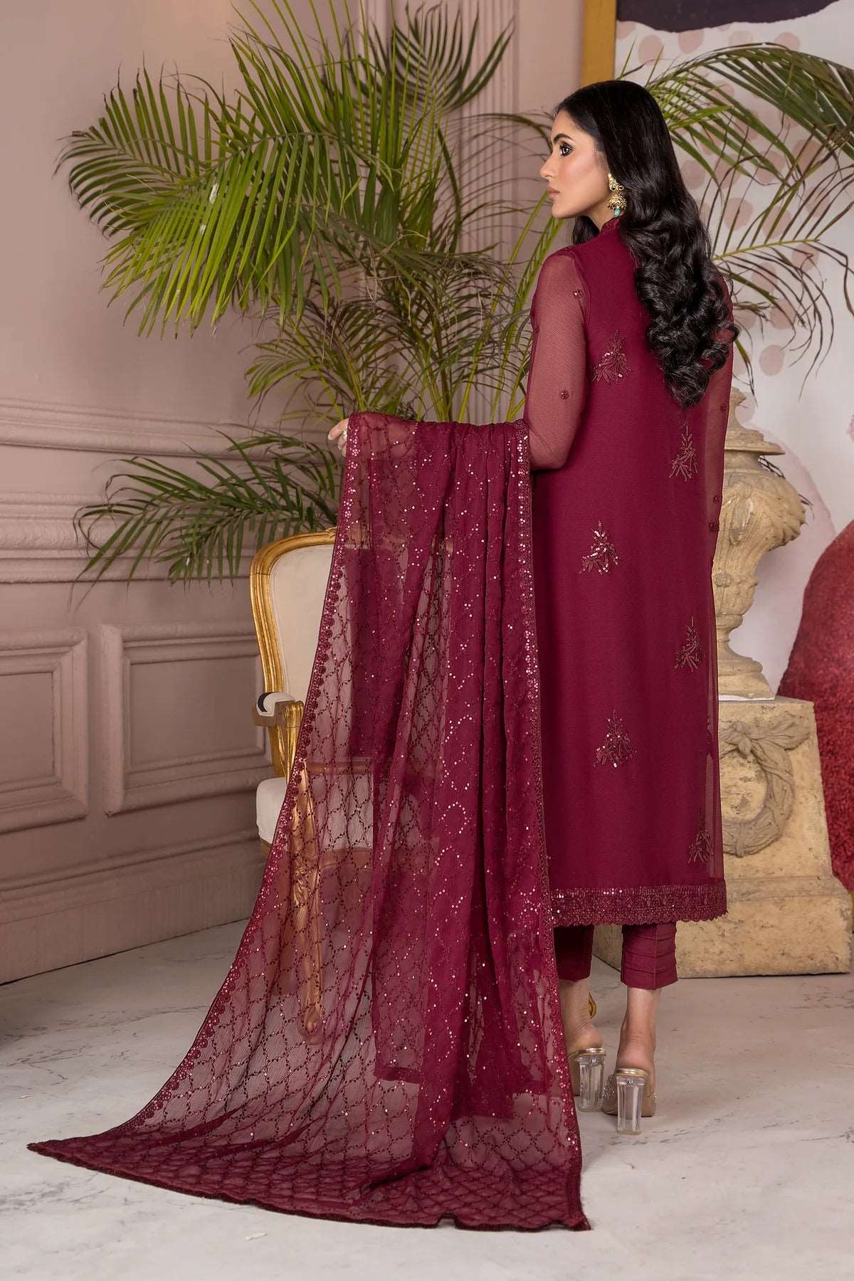 Afreen by Zarif Unstitched 3 Piece Festive Formal Suit-ZA-04-Mulberry - Image 3