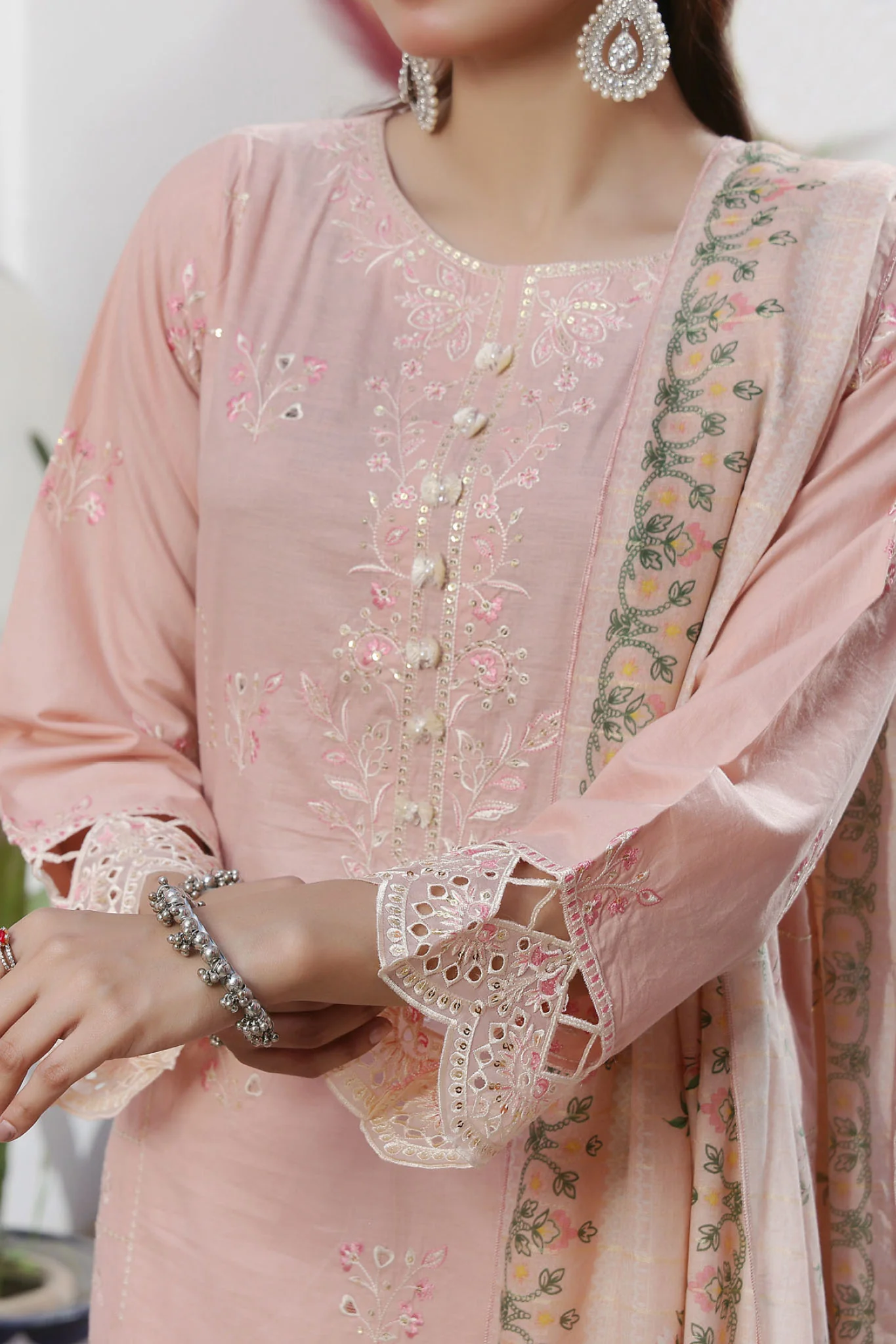 Aizal Stitched 3 Piece Embroidered Fancy Suit-AE-102-Peach - Image 2