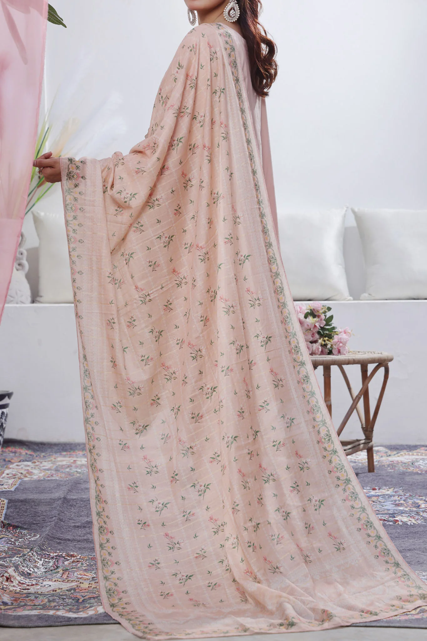 Aizal Stitched 3 Piece Embroidered Fancy Suit-AE-102-Peach - Image 3