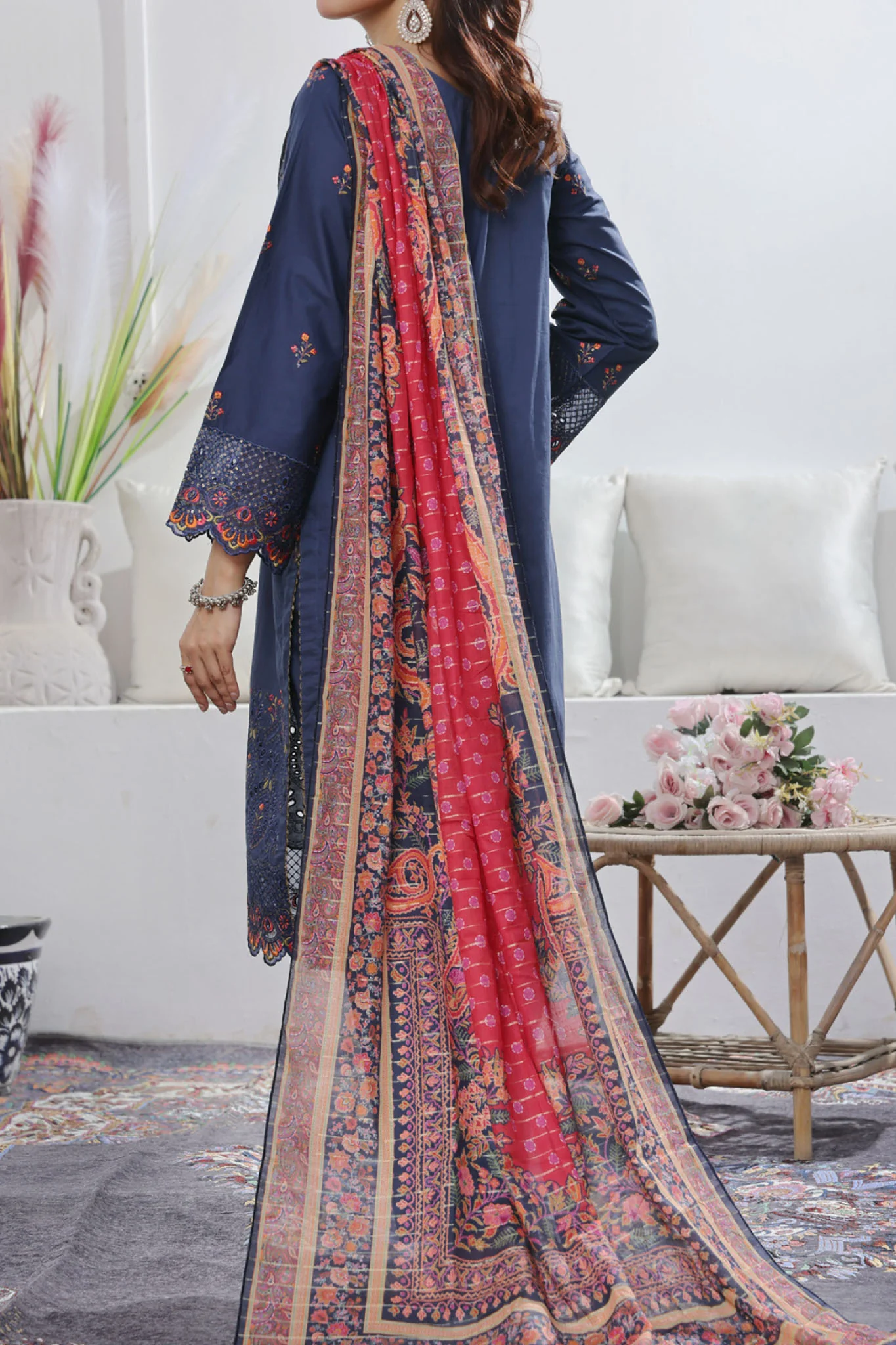 Aizal Stitched 3 Piece Embroidered Fancy Suit-AE-105-Blue - Image 3