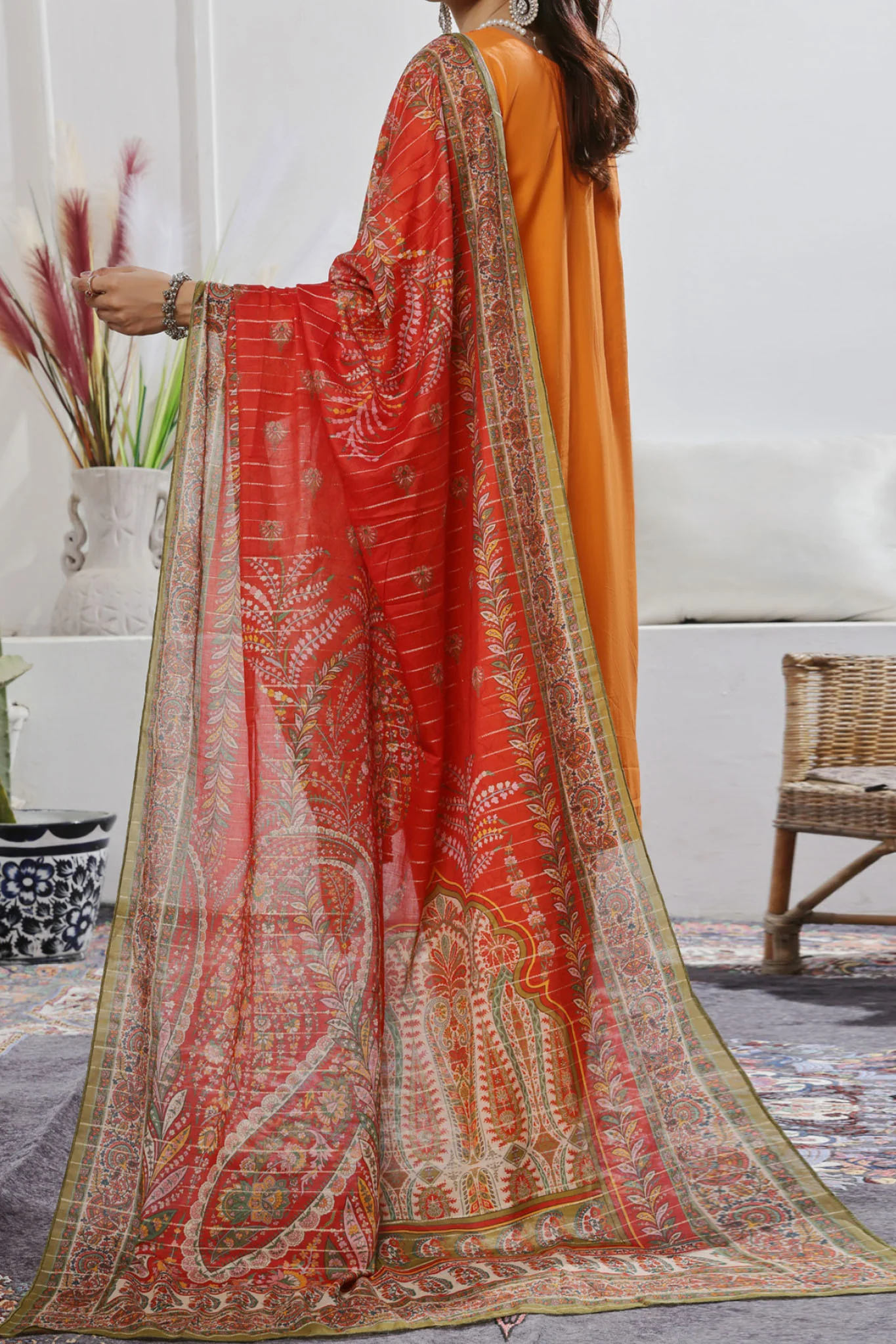 Aizal Stitched 3 Piece Embroidered Fancy Suit-AE-108-Orange - Image 3