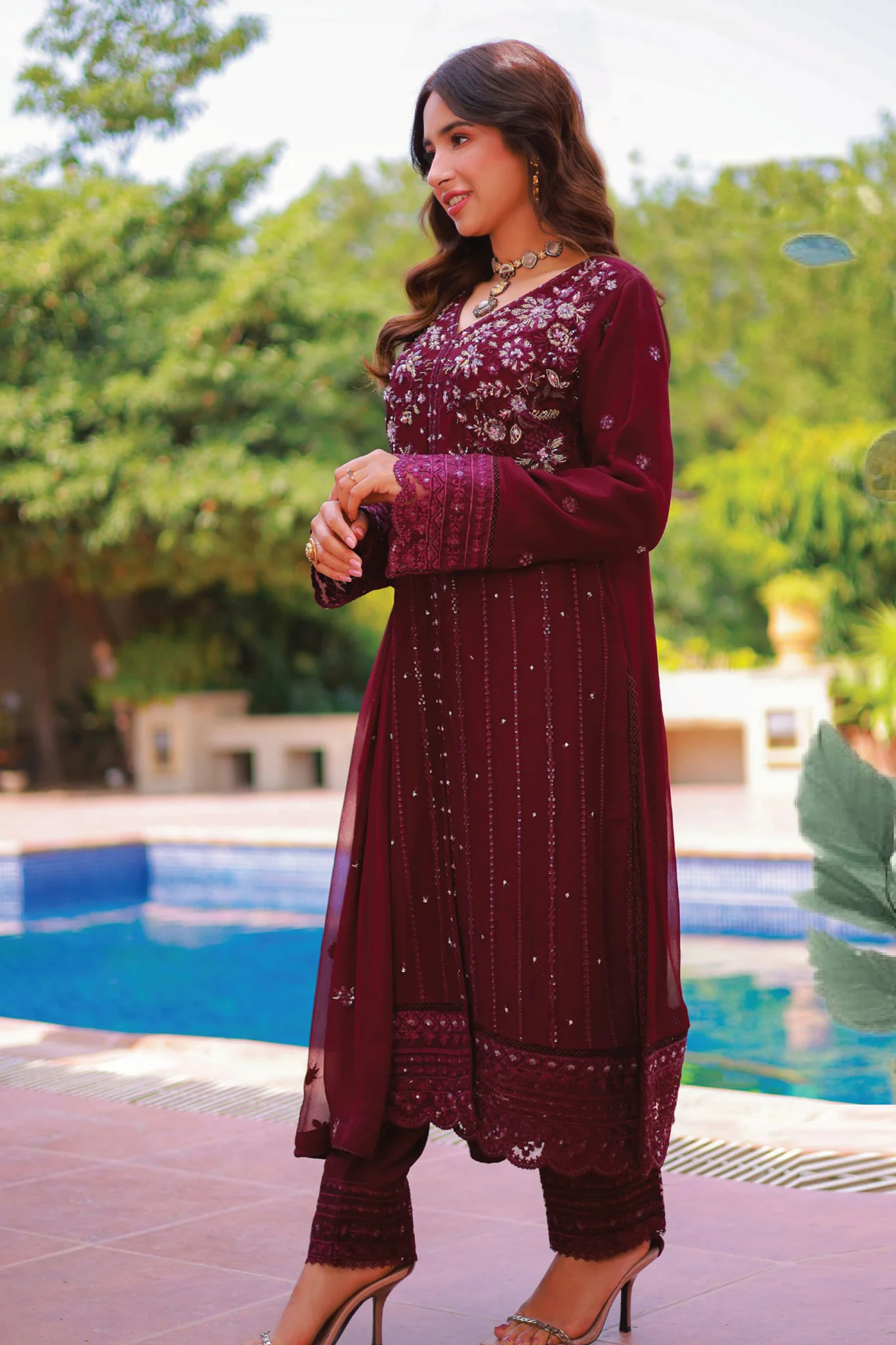 Aks By Guzel Stitched 3 Piece Festive Formals Chiffon Suit-02-Gulaal - Image 2