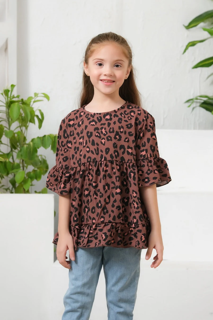 Sprinkles Stitched 1 Piece Summer Shirts Kids Suit-Allover Leopard Print Frill Sleeves Top - Image 4