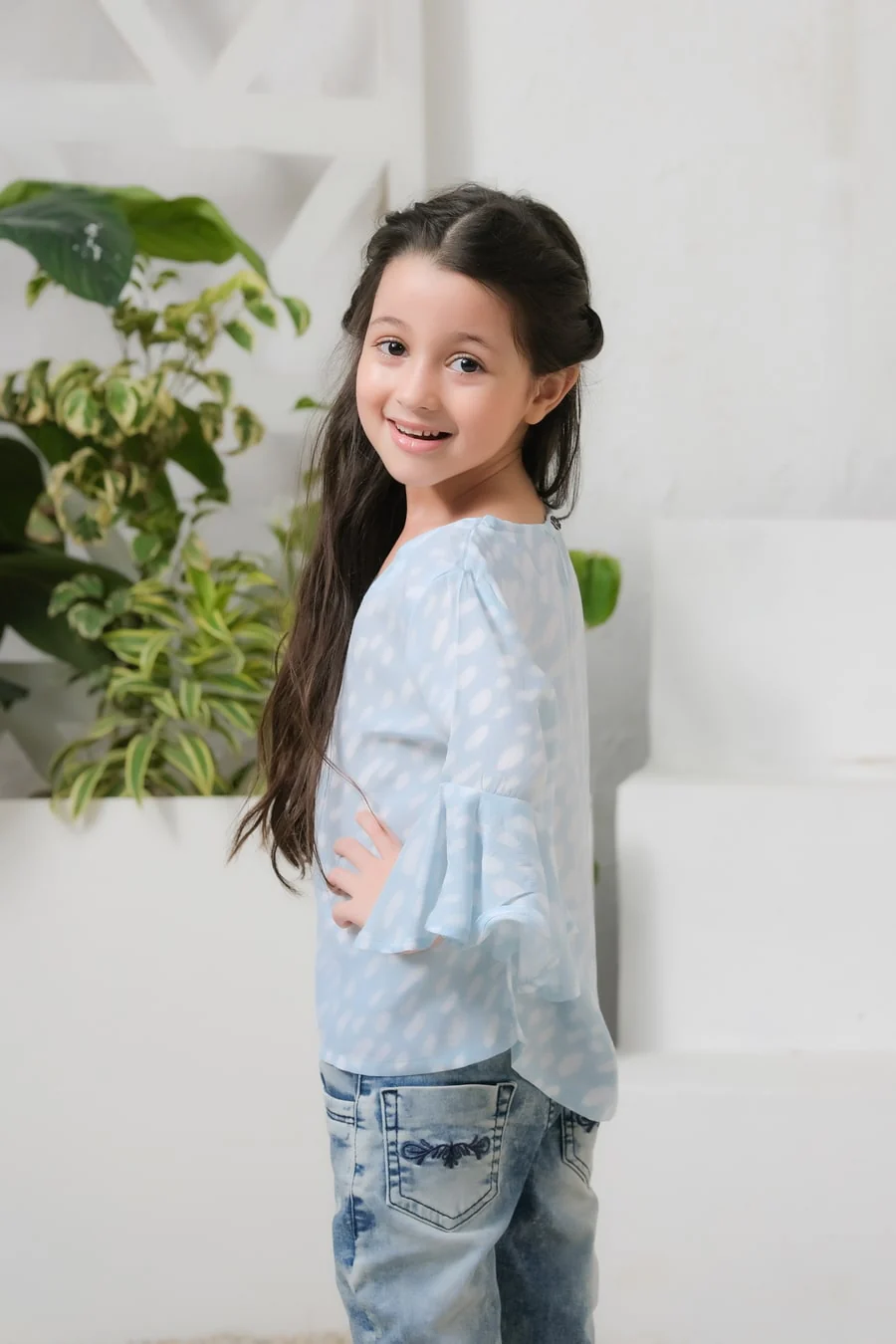 Sprinkles Stitched 1 Piece Summer Shirts Kids Suit-Allover Sky Dot Print Frill Sleeves Top - Image 5