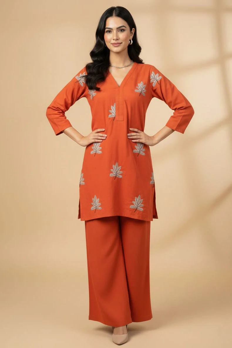 Amna Ali Nawaz Stitched Co Ord Suit-Self Emb Fusion Set-Rust - Image 3
