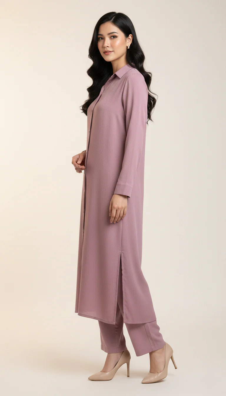 Amna Ali Nawaz Solid Co Ords Suit-BUTTON-DOWN (PINK) - Image 2
