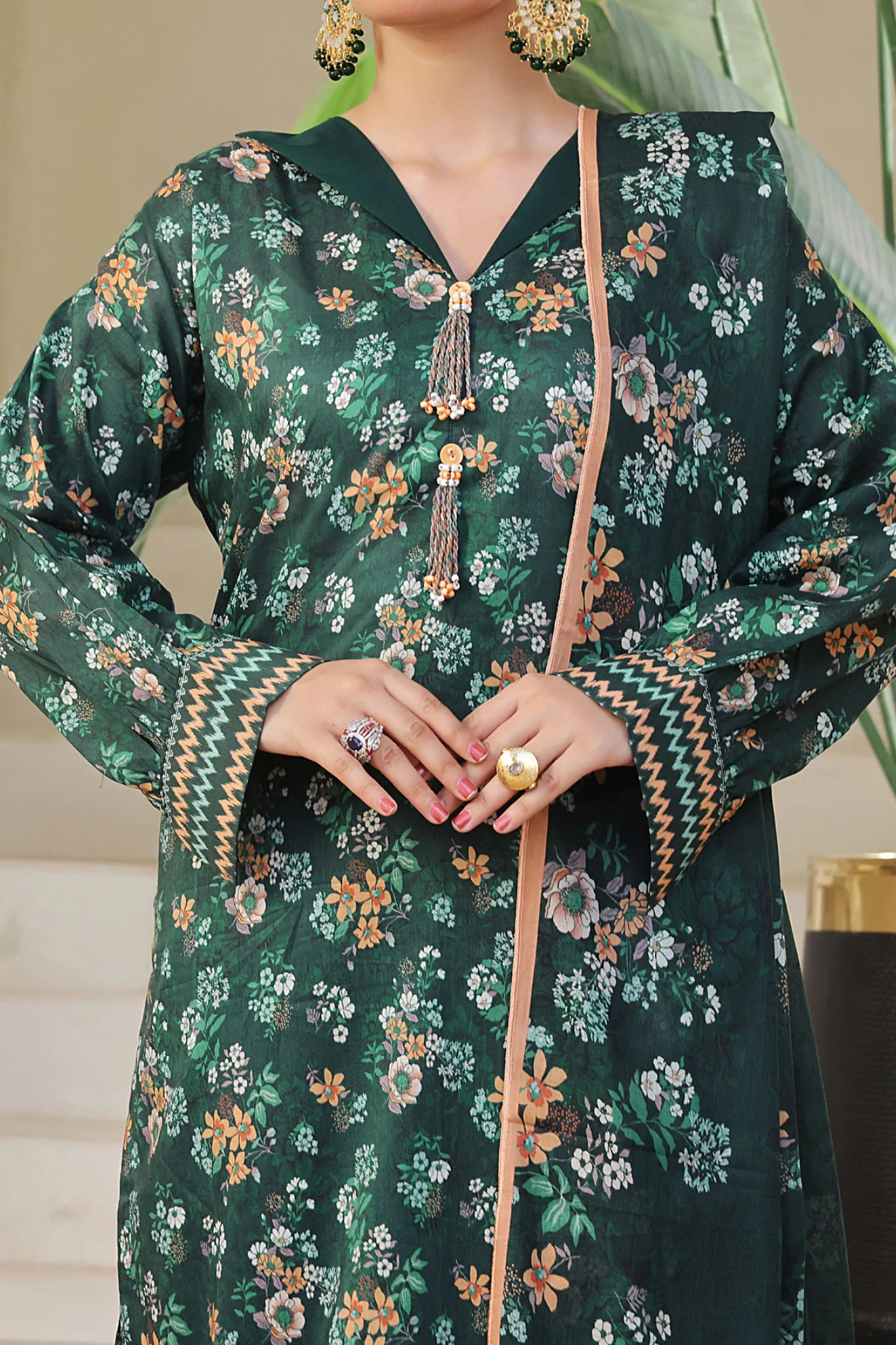 Aizal Stitched 3 Piece Printed Lawn Suit-A-P-652-GREEN - Image 2