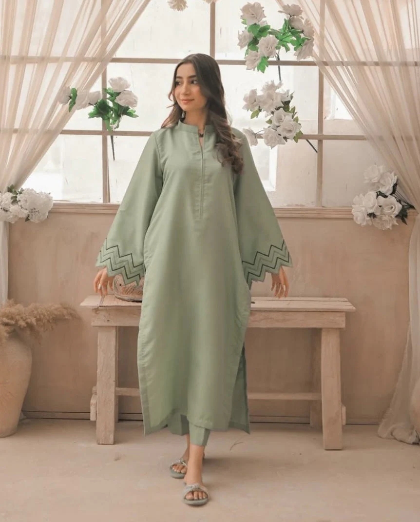 Zauk Stitched 2 Piece Eid Collection-Apple Green Embroidered Two Piece Dress - Image 2