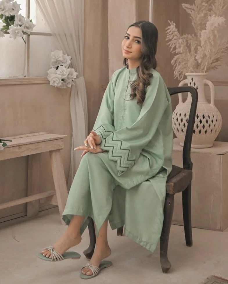 Zauk Stitched 2 Piece Eid Collection-Apple Green Embroidered Two Piece Dress - Image 5