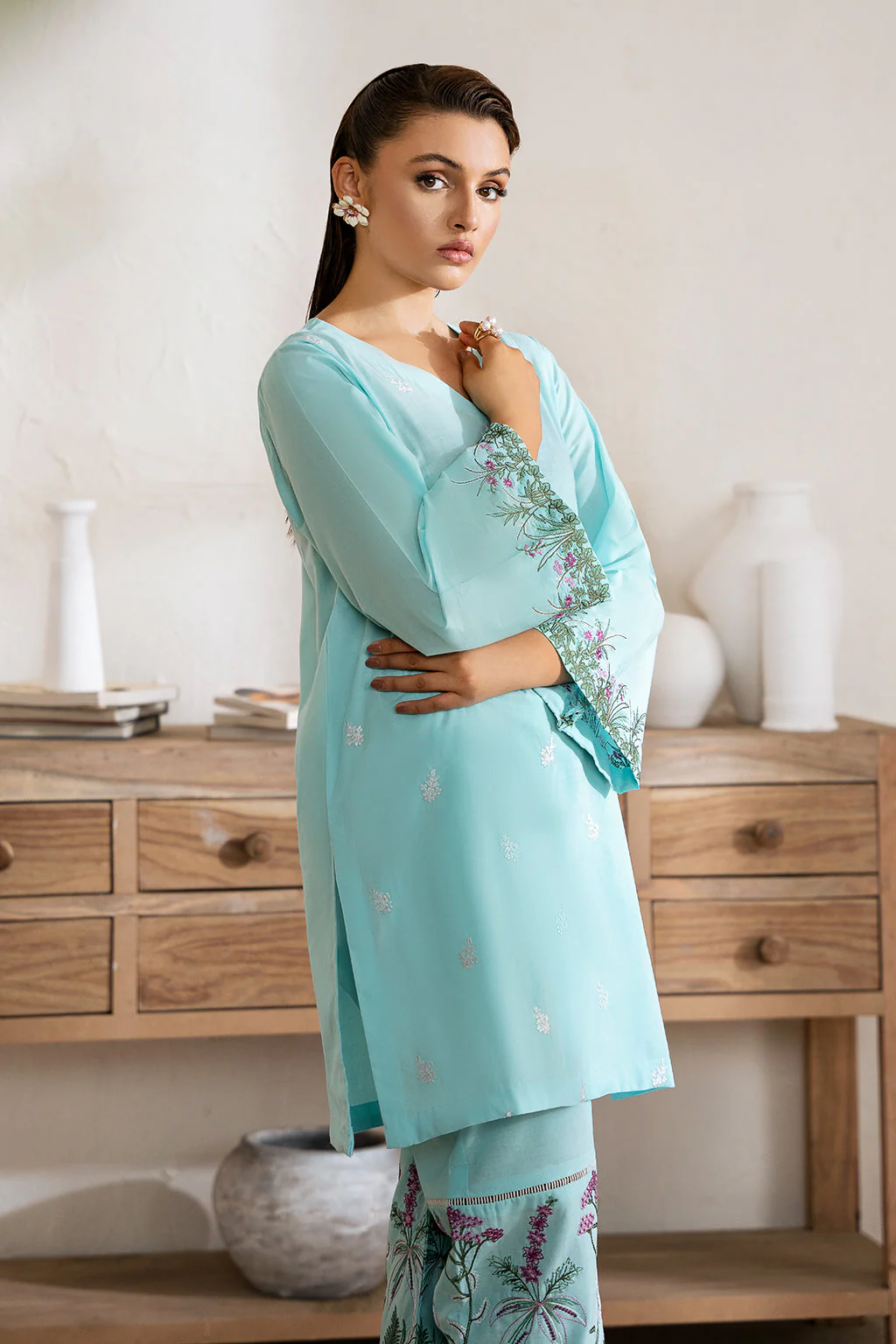 Zarposh Unstitched 2 Piece Emb Cotton Collection-Aqua - Image 6