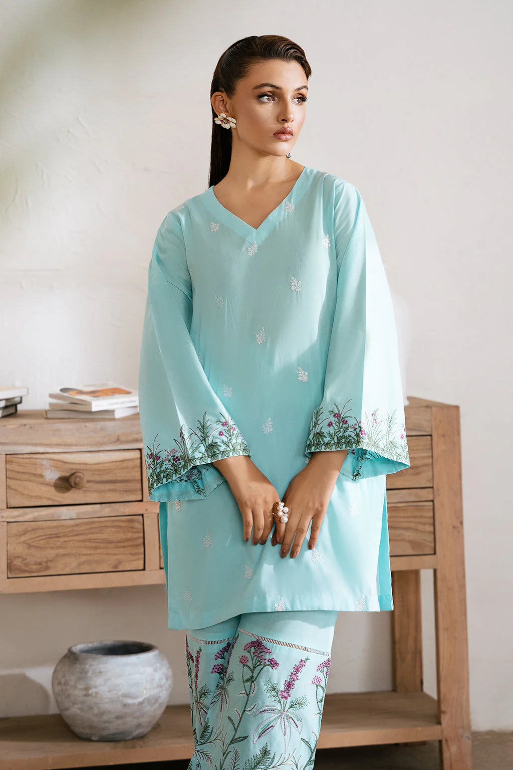 Zarposh Unstitched 2 Piece Emb Cotton Collection-Aqua - Image 7
