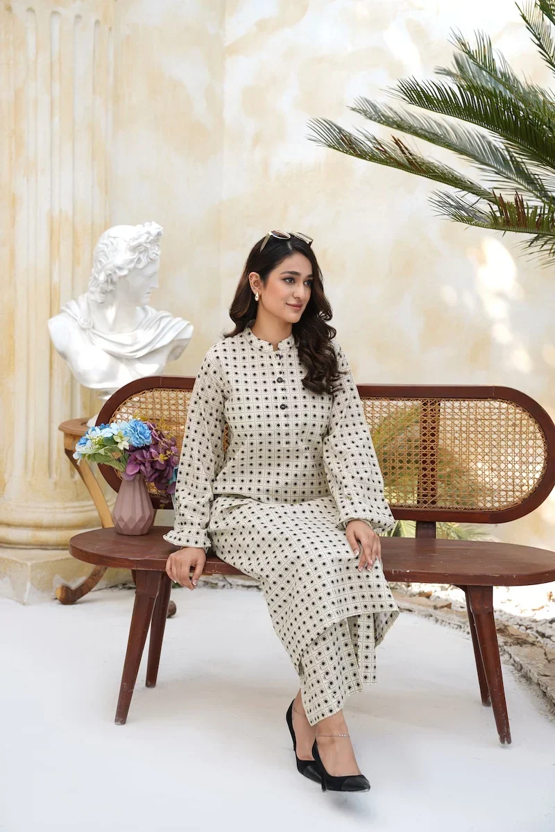 Arha Eman Stitched Winter Suit-Beige Noir – 2 Piece Coord - Image 3