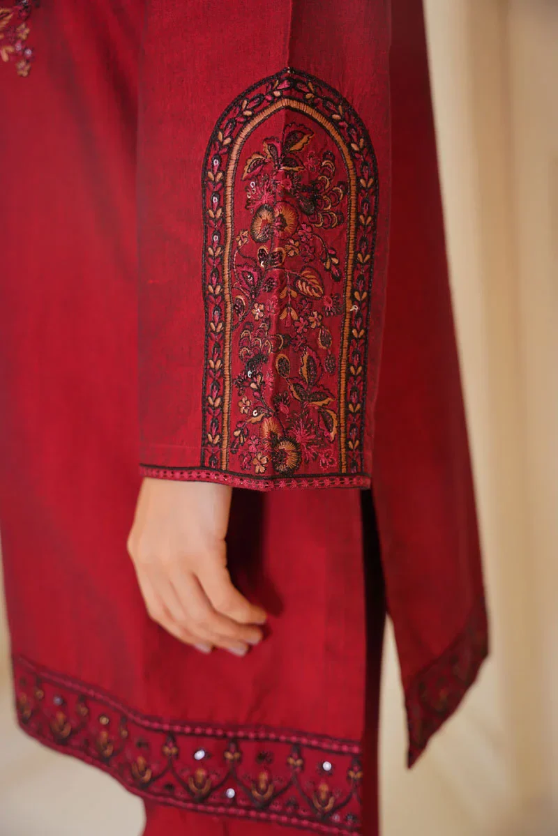 Gulbahar By Arha Eman Stitched Summer Suit-Ruby- Maroon Embroidered 3 Piece Suit - Image 4