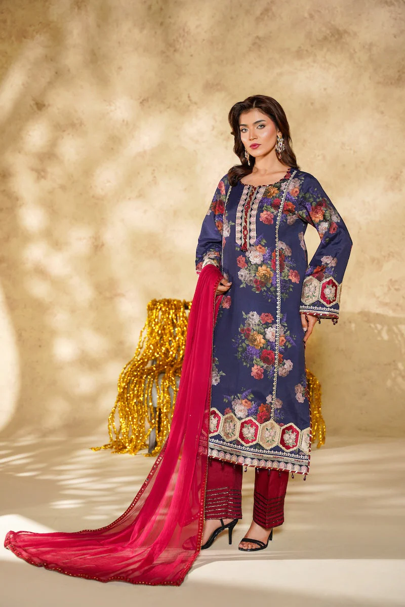 Arha Eman Stitched Winter Suit-Saaya - Dark Blue - Image 2