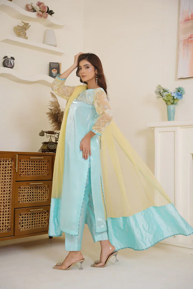 Gulbahar By Arha Eman Stitched Summer Suit-Sky Gleam – Blue Yellow 3 Piece Suit - Image 5