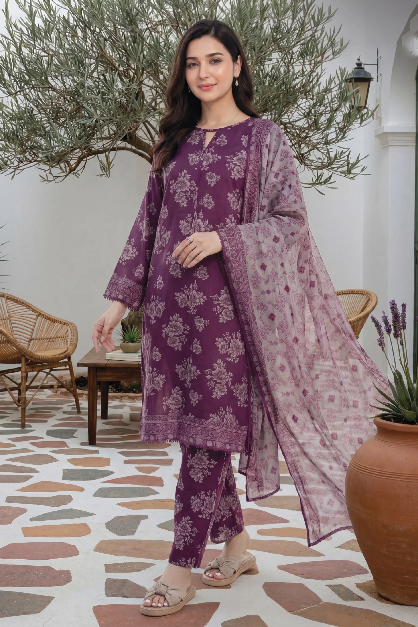 Arshi By Tawakkal Stitched 3 Piece Printed Rotary Lawn Suit-D-2991-Purple