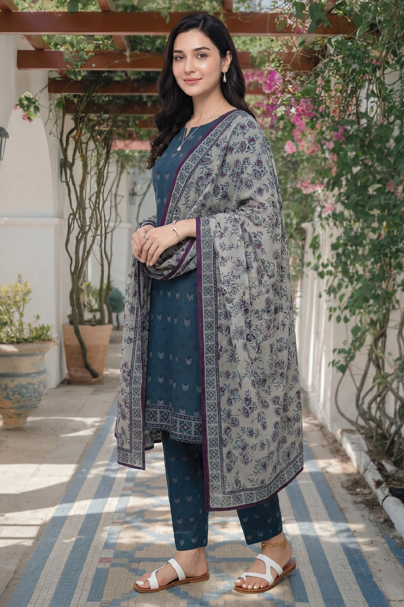 Arshi By Tawakkal Stitched 3 Piece Printed Rotary Lawn Suit-D-2994-Teal - Image 3