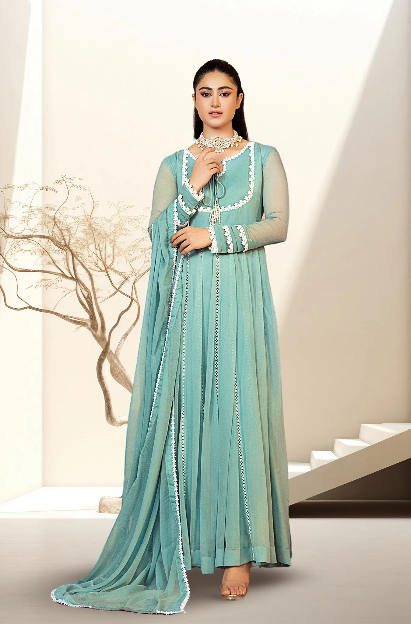 Kalidaar Frocks By Asma & Sidra Stitched Formals Suit-Amirah (Plain Chiffon Frock) - Image 3
