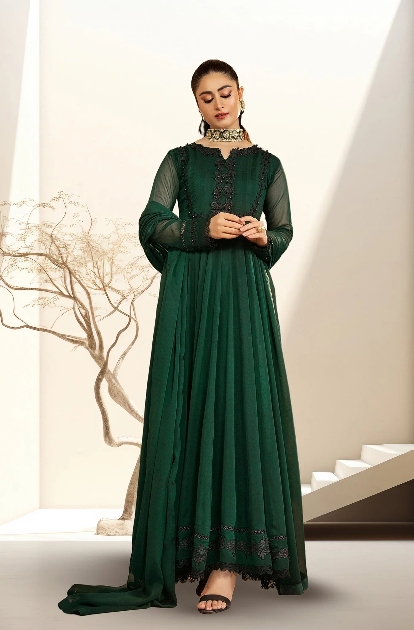 Kalidaar Frocks By Asma & Sidra Stitched Formals Suit-ZOYA (Plain Chiffon Frock) - Image 3
