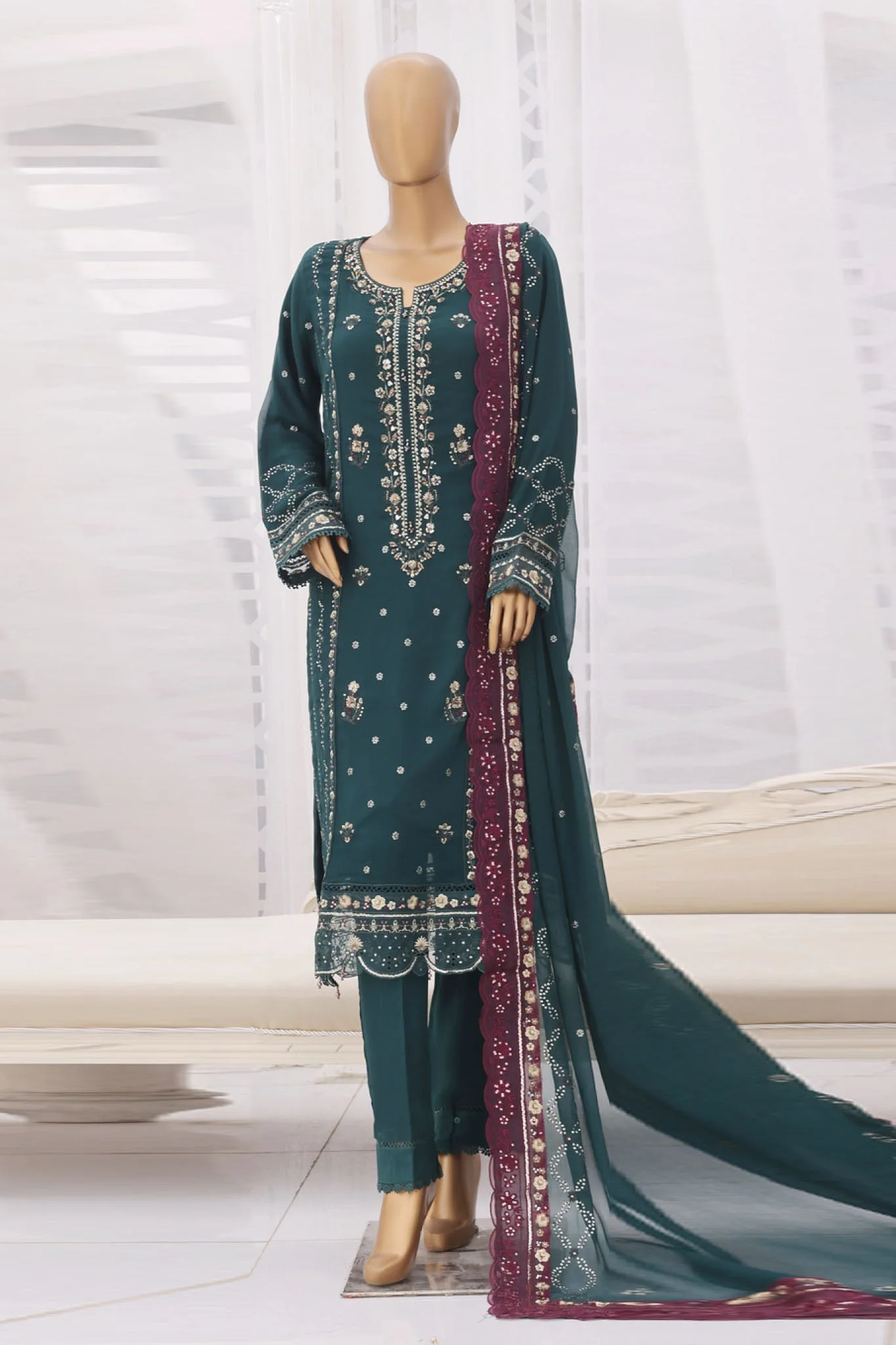 Aura By Sada E Noor Stitched 3 Piece Luxury Chiffon Vol-01 Suit-Aura-01-Teal