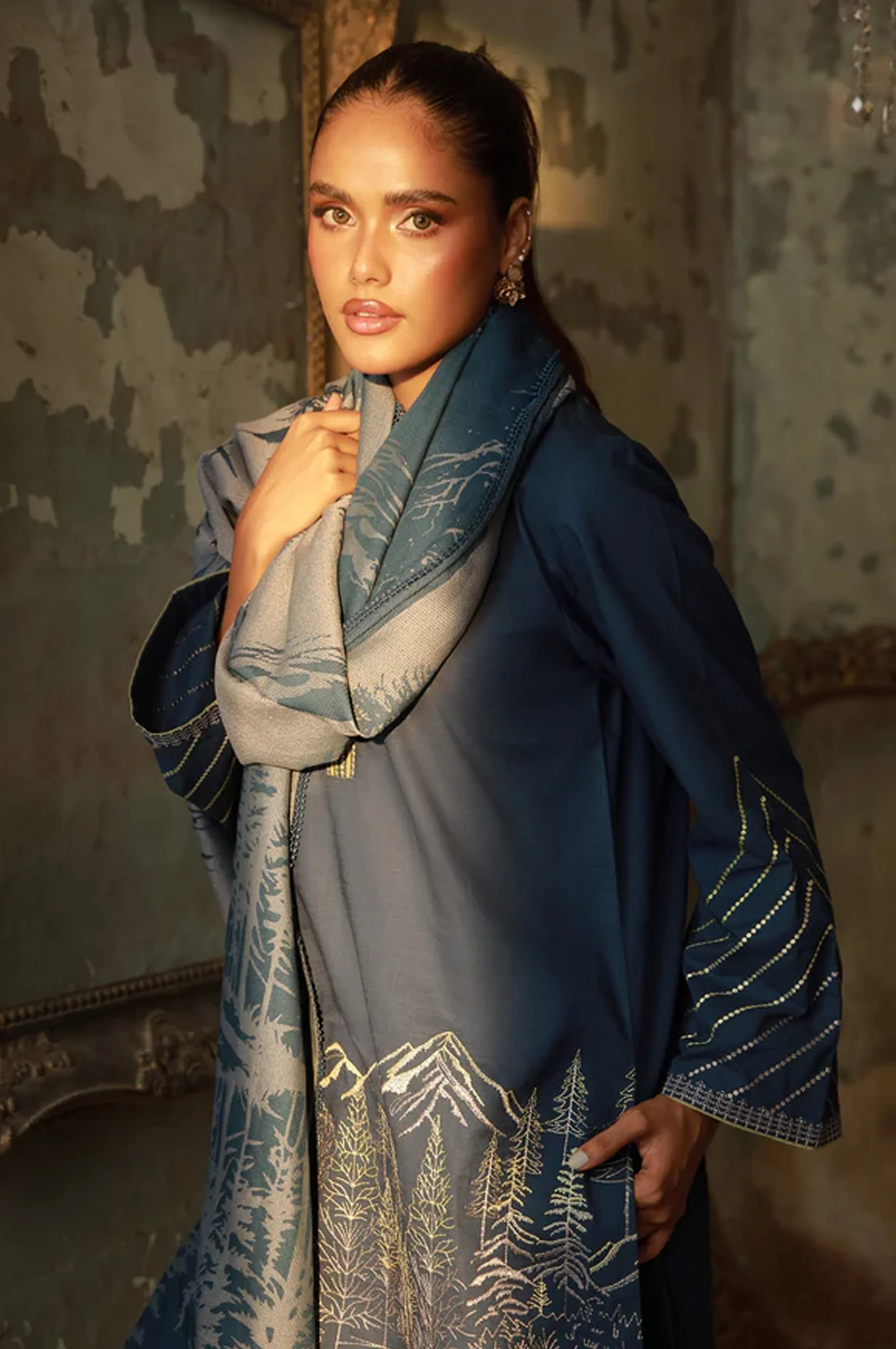 Sahar Unstitched 3 Piece Emb Cotton Viscose Fall Suit-AW1-25-11-UNS - Image 2