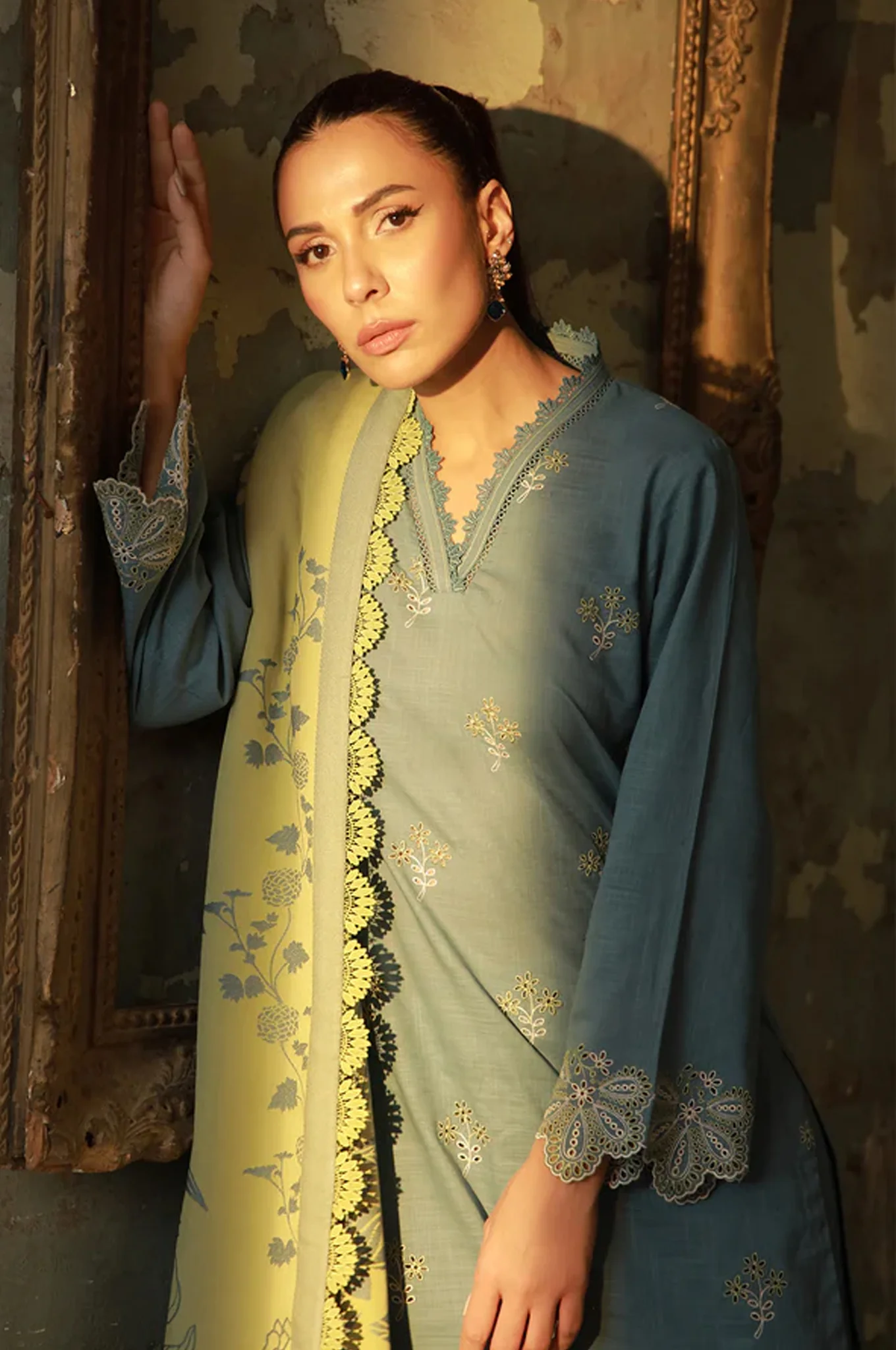 Sahar Unstitched 3 Piece Emb Cotton Viscose Fall Suit-AW1-25-13-UNS - Image 2