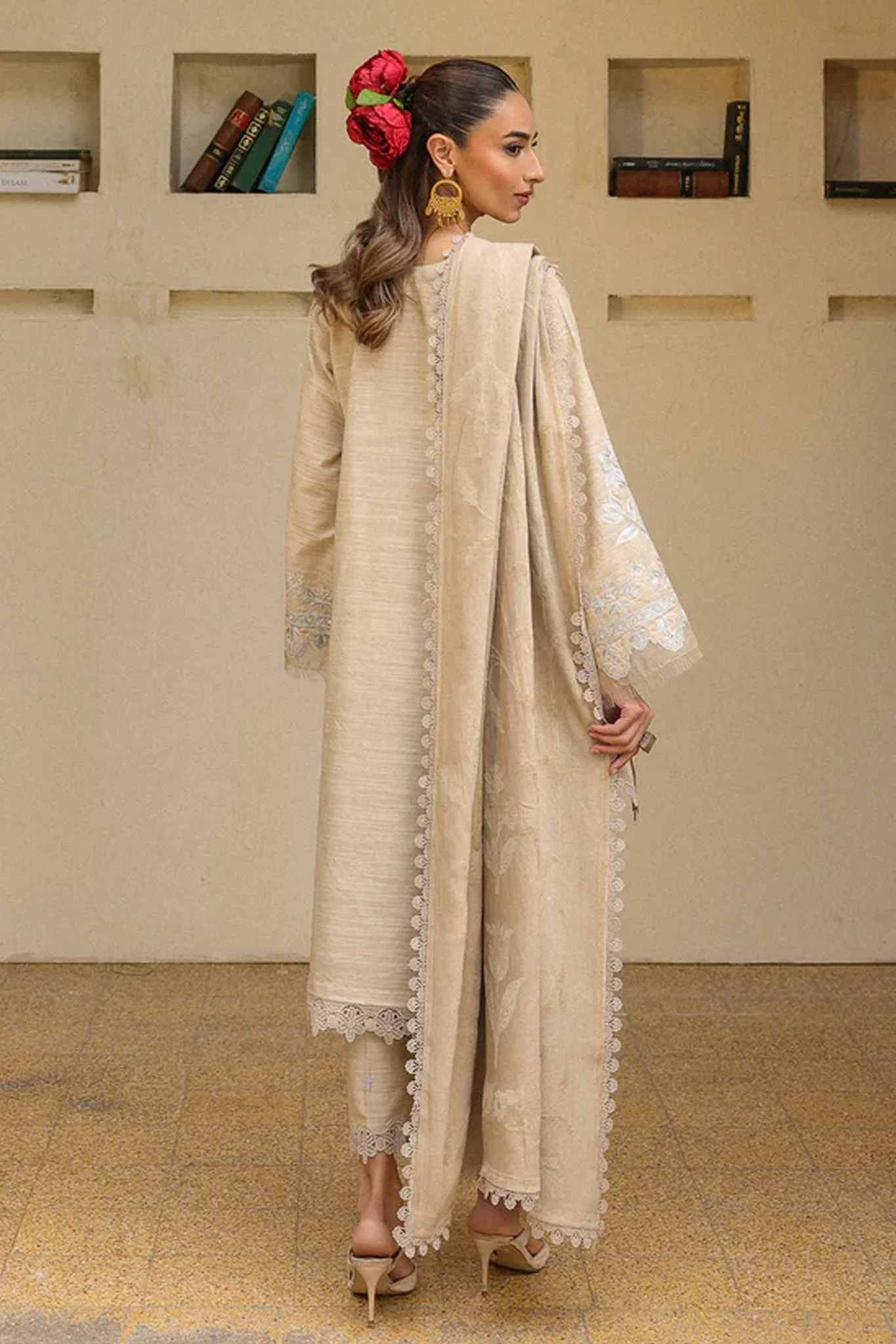 Sahar Unstitched 3 Piece Emb Khaddar Winter Suit-AW2-25-01-Opal White - Image 3