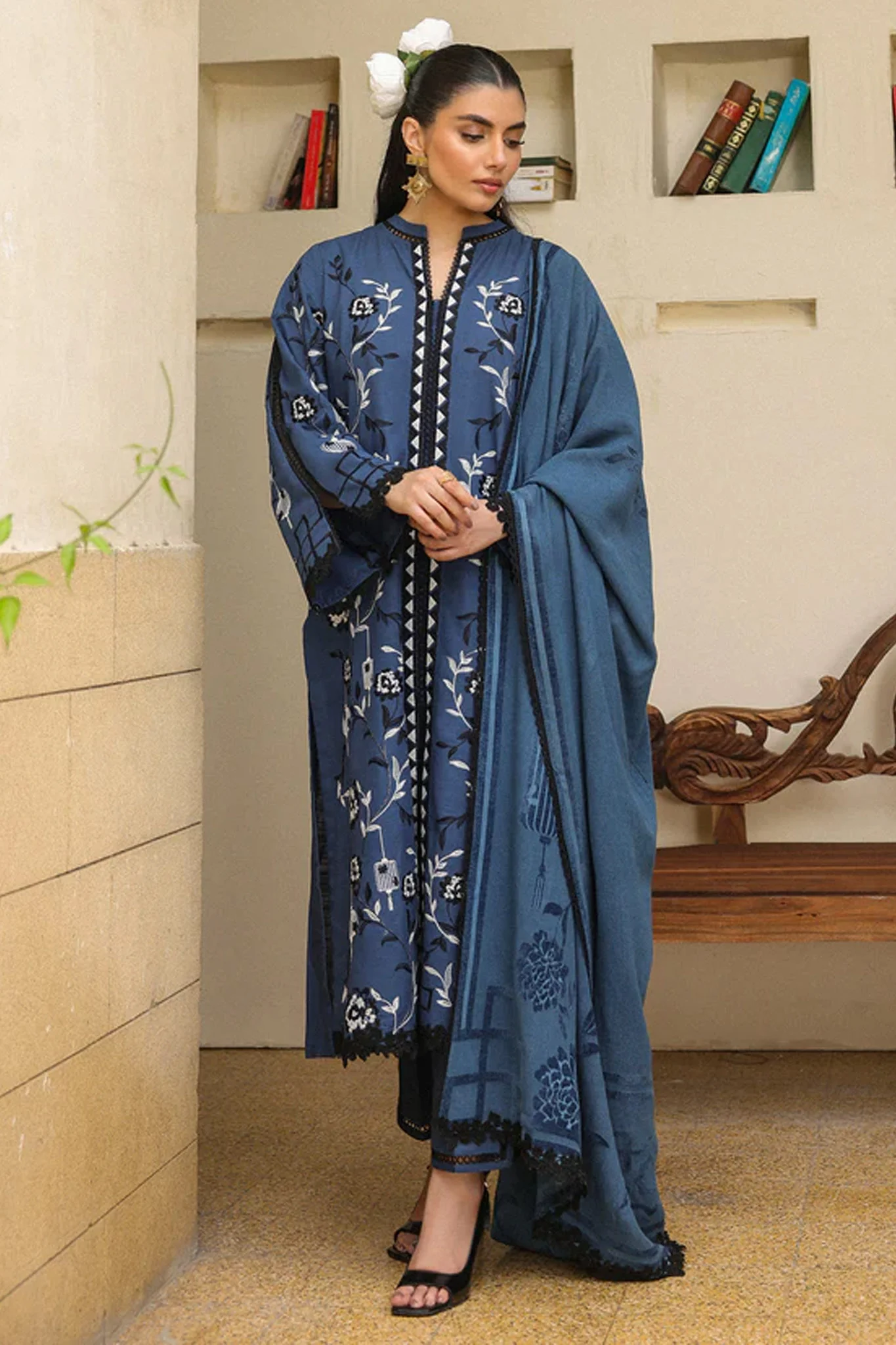 Sahar Unstitched 3 Piece Emb Khaddar Winter Suit-AW2-25-05-Azure Ash