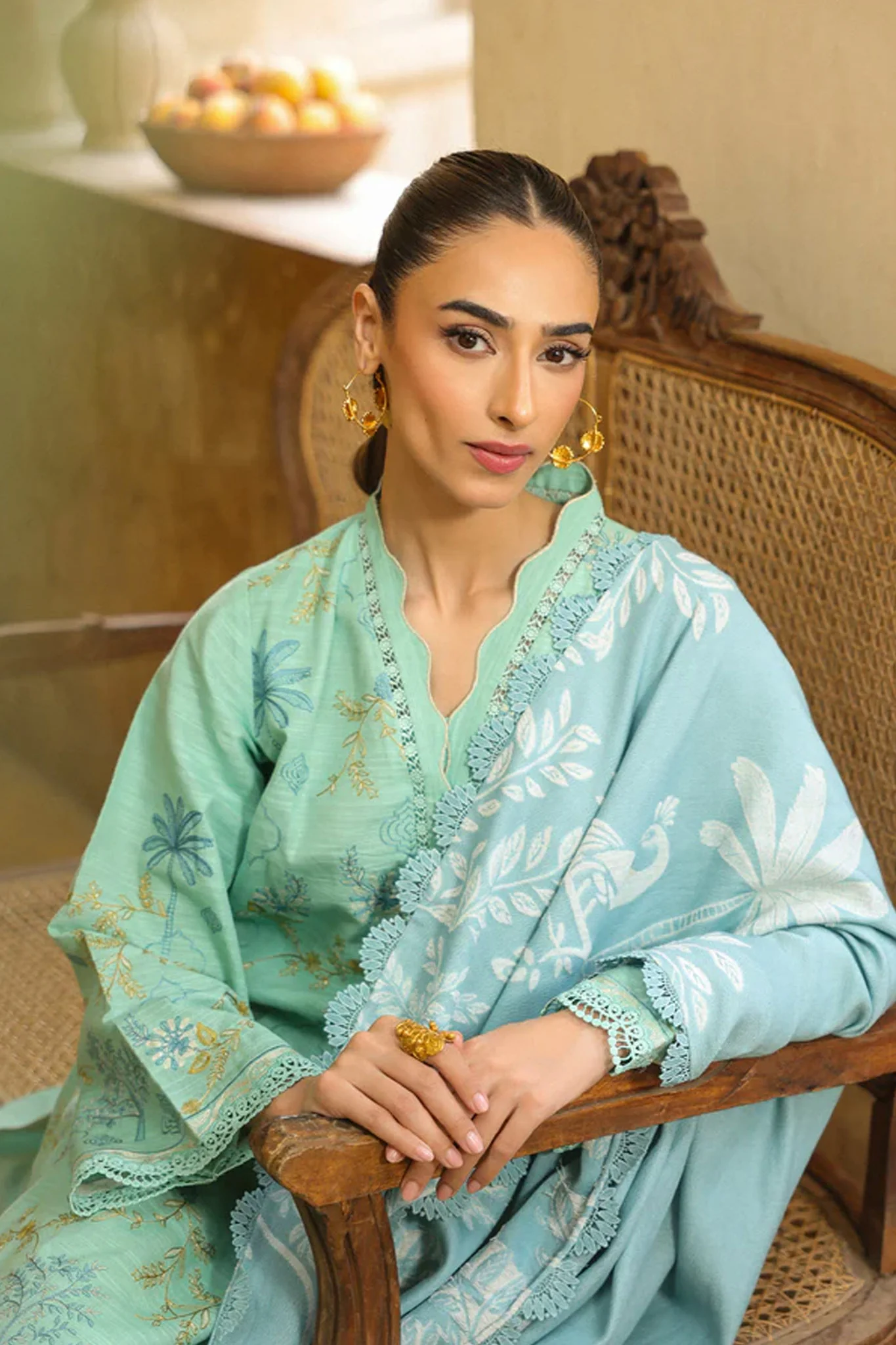 Sahar Unstitched 3 Piece Emb Khaddar Winter Suit-AW2-25-06-Ocean Opal - Image 4