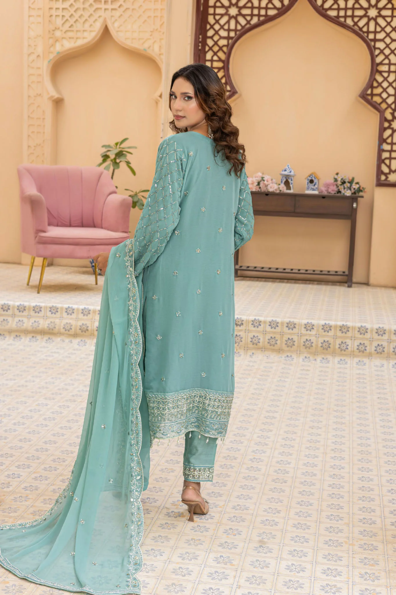 Maya By Azmeerah Stitched 3 Piece Hand Emb Chiffon Suit-03-Cyanora - Image 3