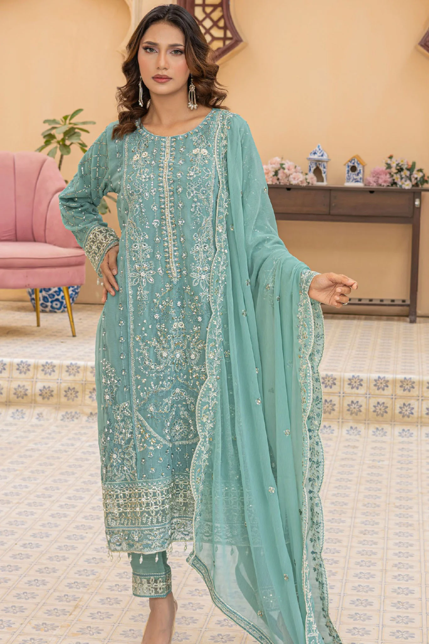 Maya By Azmeerah Stitched 3 Piece Hand Emb Chiffon Suit-03-Cyanora - Image 4