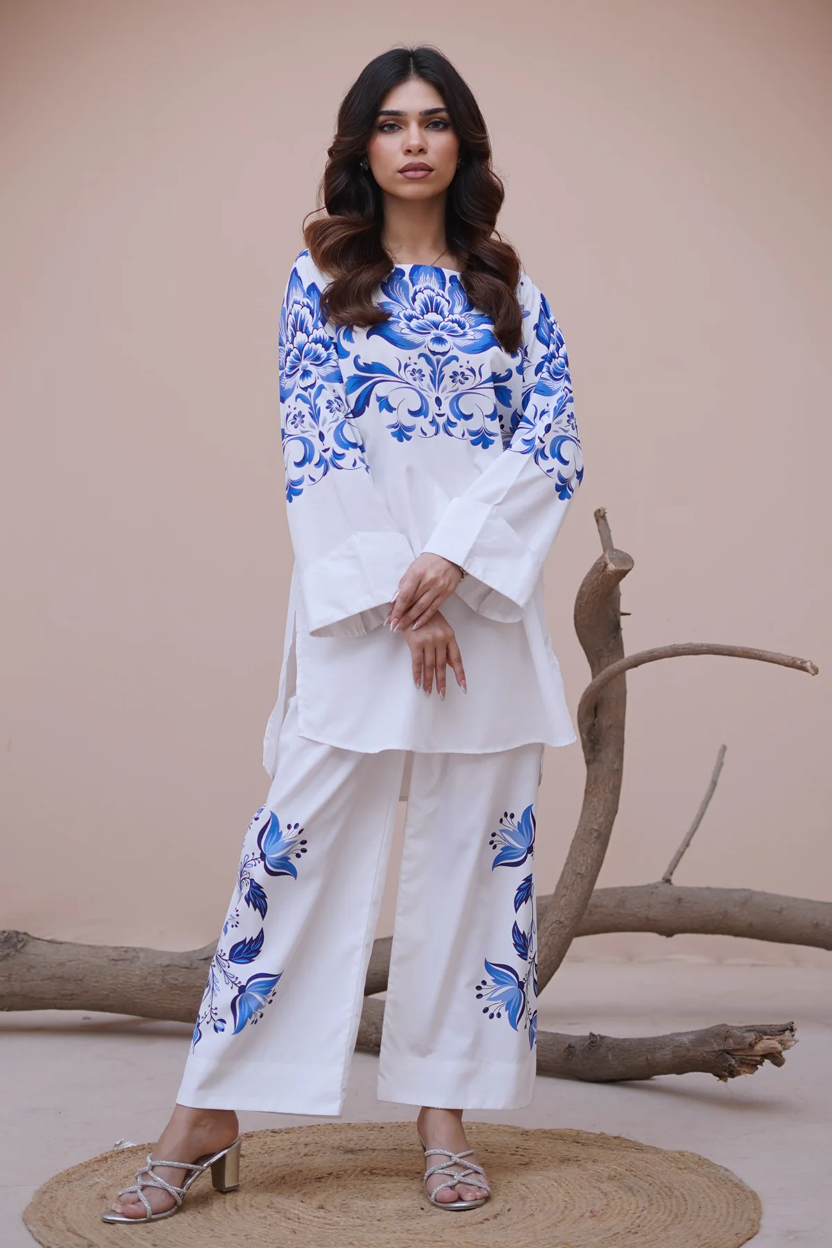 Nairah Stitched Co Ords Summer Suit-Azure White