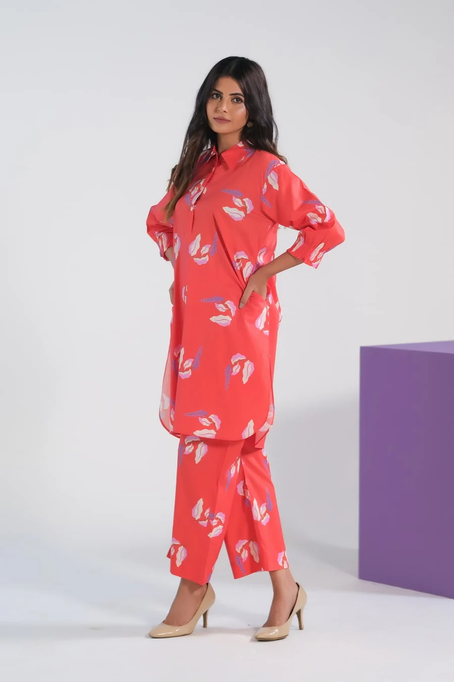 Sprinkles Stitched 2 Piece Summer Co Ord Sets Women Suit-Bean Red Lavender - Cambric - Image 2
