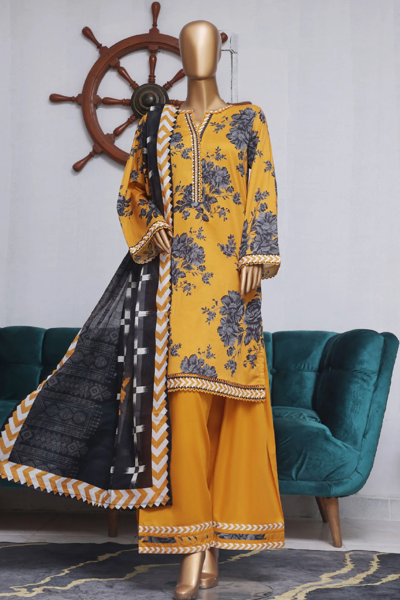 Bin Saeed Exclusive Printed Lawn With Farshi Shalwar Vol-04 Suit-NSM-2119-Yellow