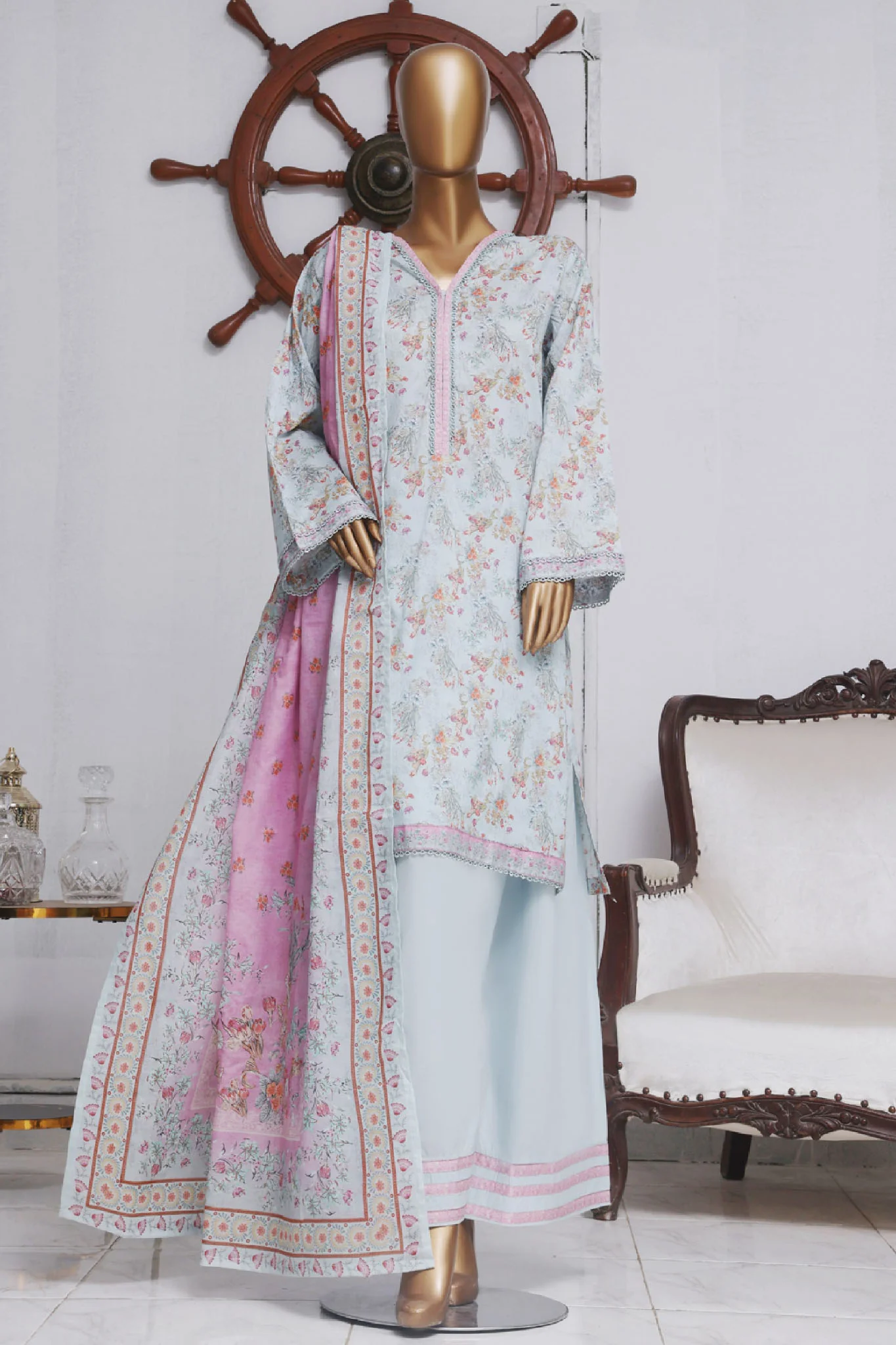 Bin Saeed Exclusive Printed Lawn With Farshi Shalwar Vol-04 Suit-NSM-2120-Ferozi