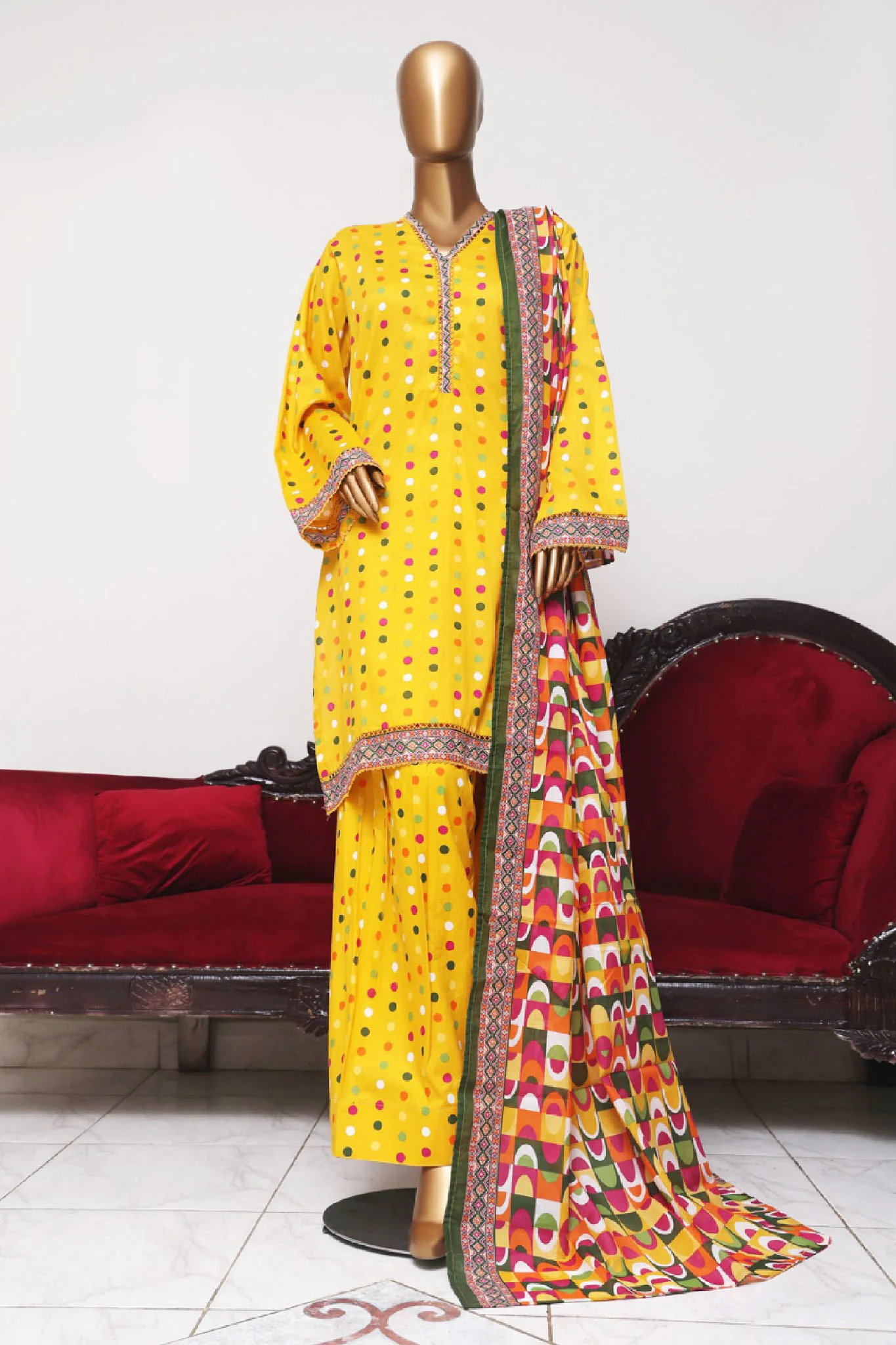 Bin Saeed Exclusive Printed Lawn With Farshi Shalwar Vol-04 Suit-NSM-2121-Yellow