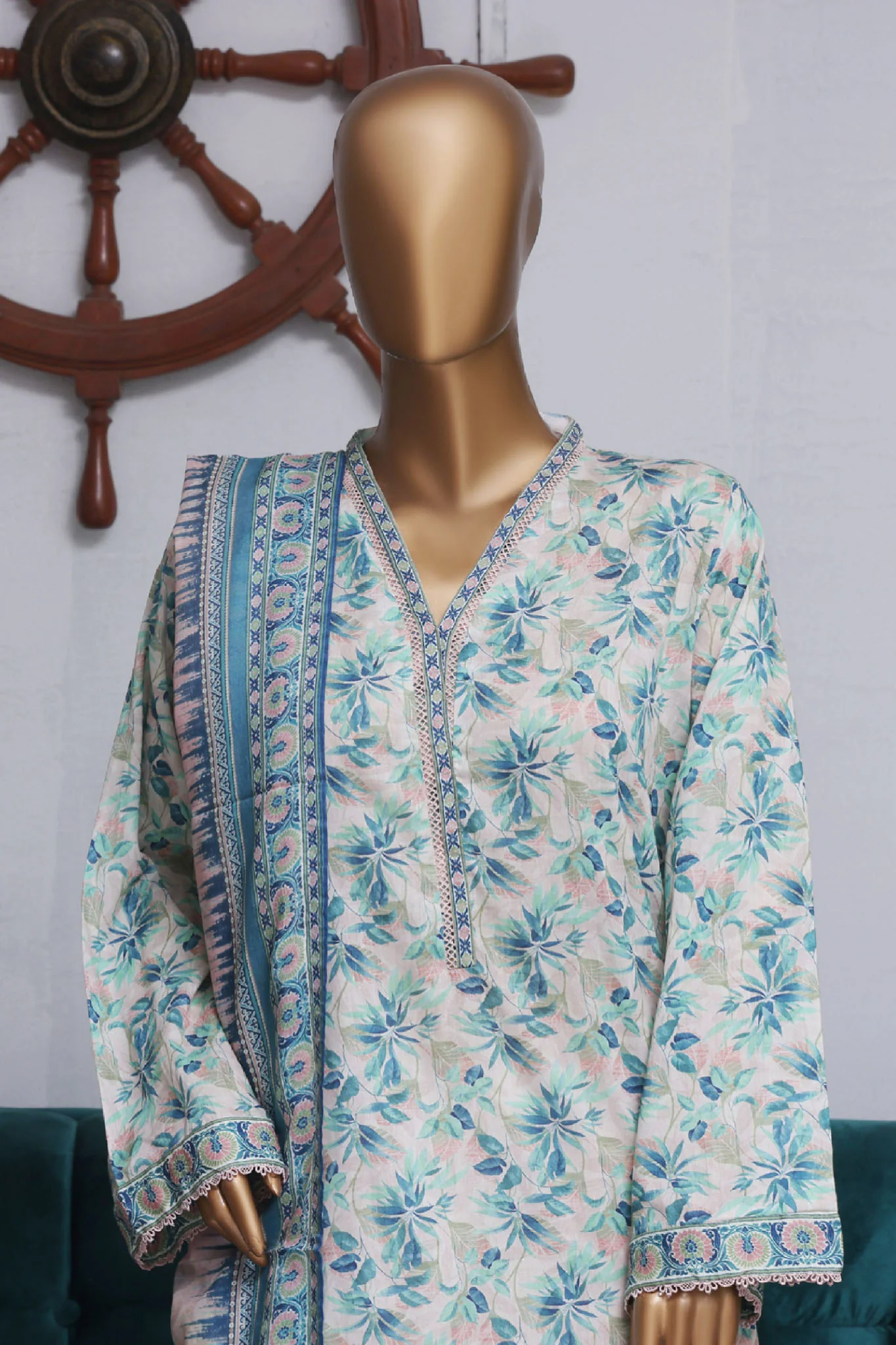 Bin Saeed Exclusive Printed Lawn With Farshi Shalwar Vol-04 Suit-NSM-2127-Ferozi - Image 2
