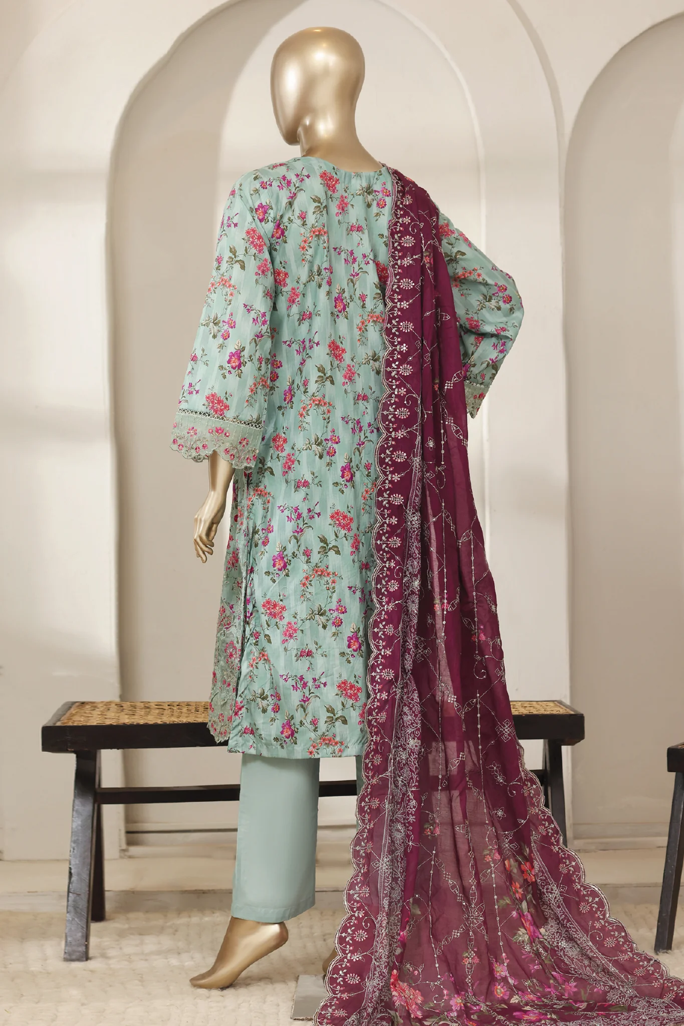 Bin Saeed Stitched 3 Piece Luxury Laserkari Lawn Vol-03 Suit-WC-2805-GREEN - Image 3